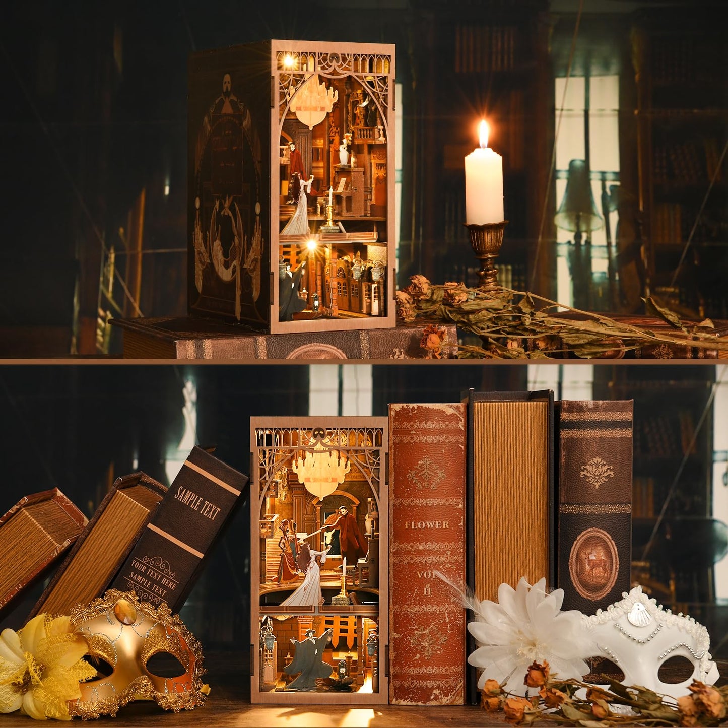 MiniCity Phantom of the Opera DIY Book Nook Kit — LED Lighted 3D Wooden Puzzle Bookend