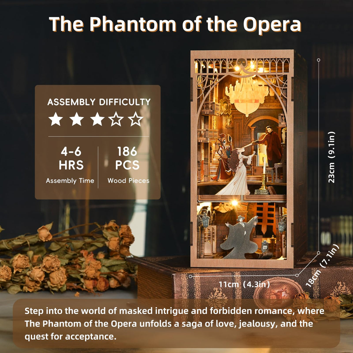MiniCity Phantom of the Opera DIY Book Nook Kit — LED Lighted 3D Wooden Puzzle Bookend