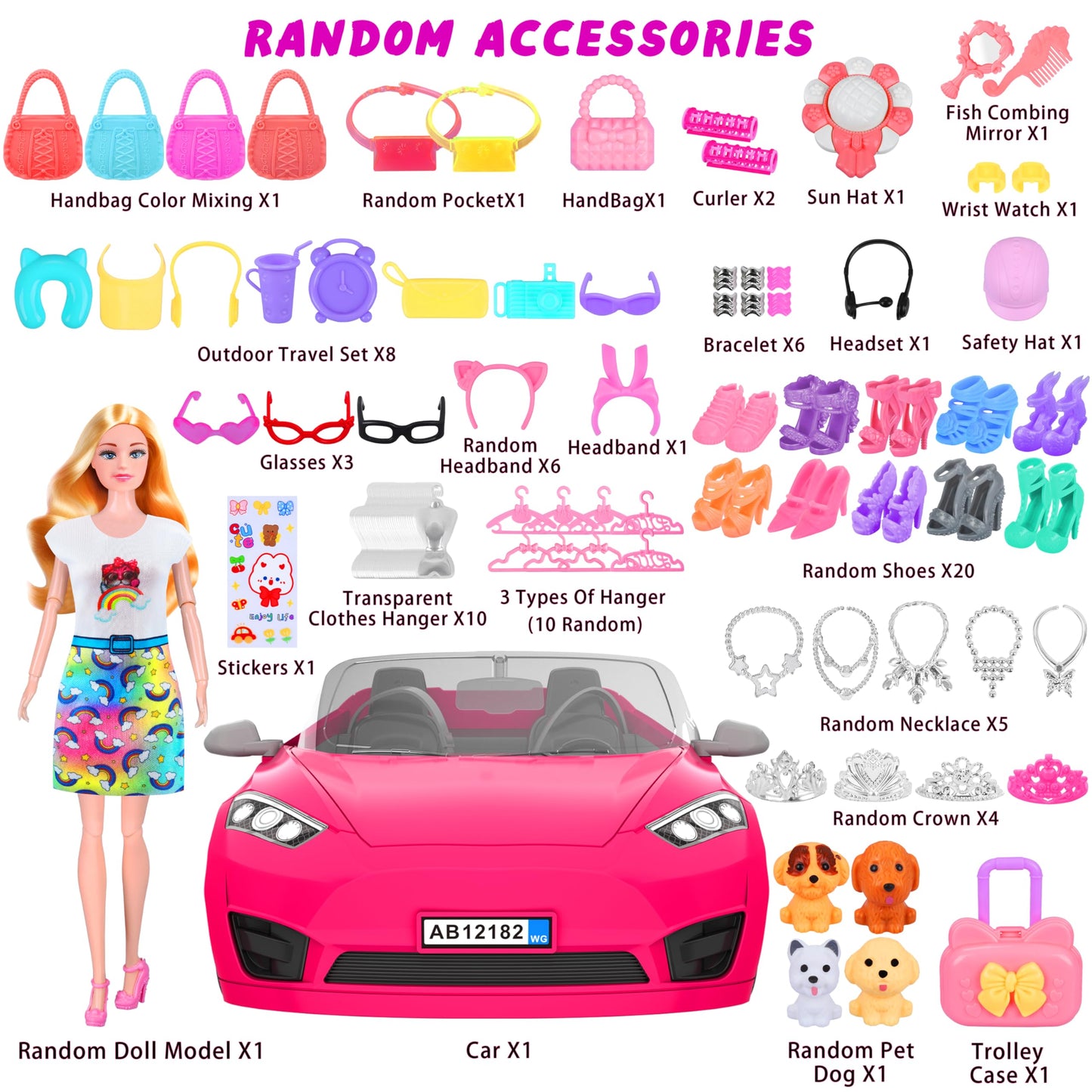 MINIFUN 91 Pcs Doll Convertible Car Set – Dress Up Toys for Girls Ages 3-8