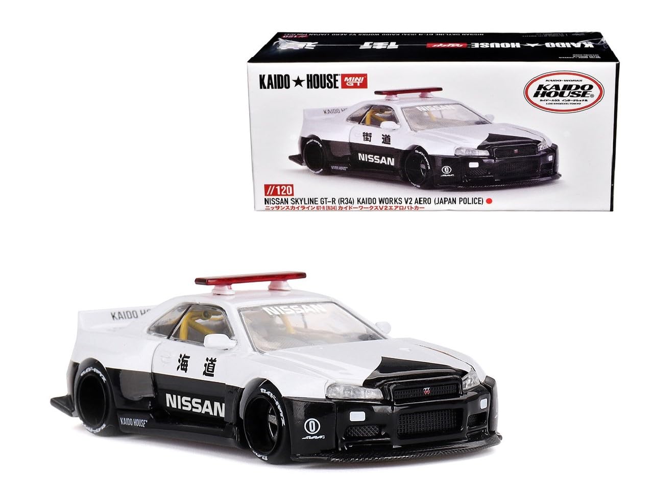 Mini GT KHMG120 Skyline GT-R (R34) Kaido Works V2 Aero – RHD Police Diecast 1/64