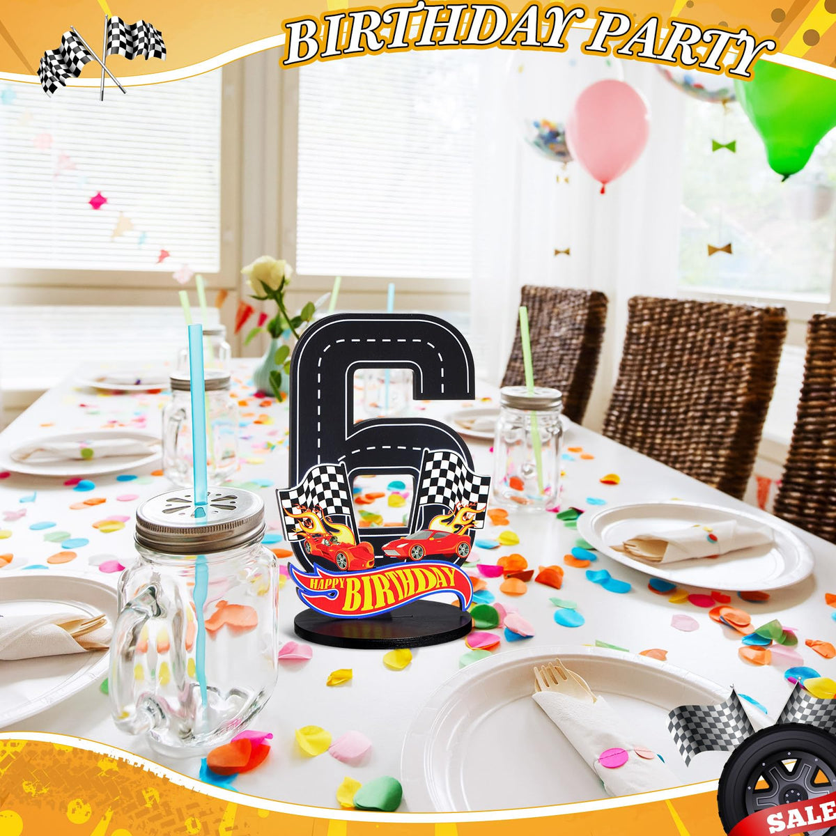 MiniInflat Race Car 6th Birthday Sign – Wooden Table Centerpiece & Photo Prop