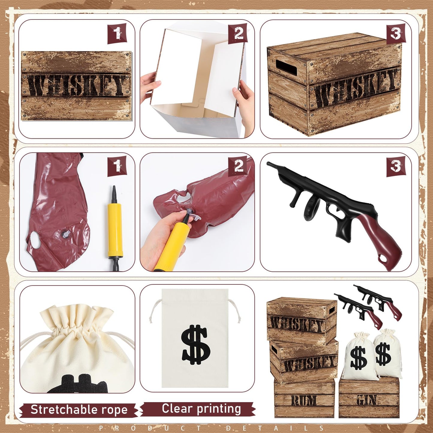 MiniInflat Money Bag Prop Set – 4 Wood Grain Boxes, 2 Inflatable Guns, 2 Canvas Money Bags for Speakeasy & Mafia Parties