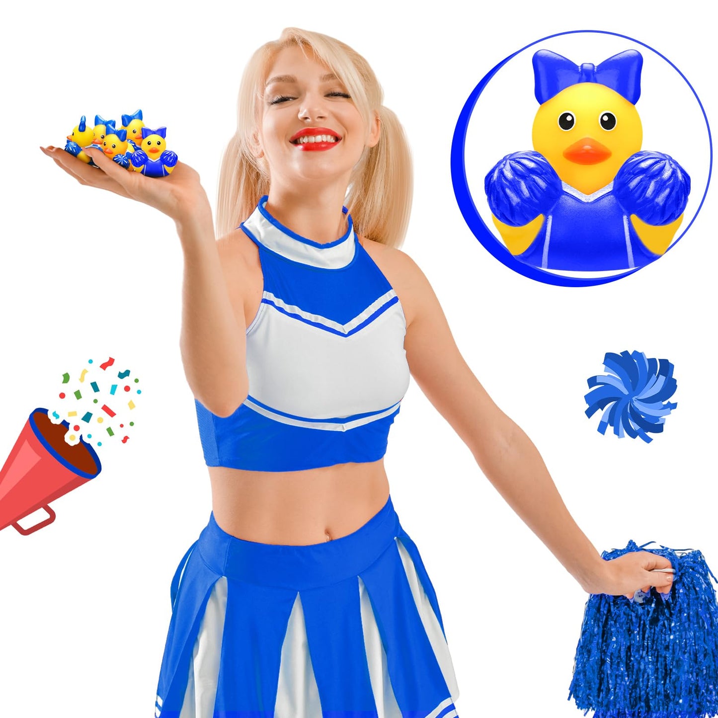 MiniInflat 24 Pcs Cheer Team Gifts Bulk - Blue Bow Rubber Ducks
