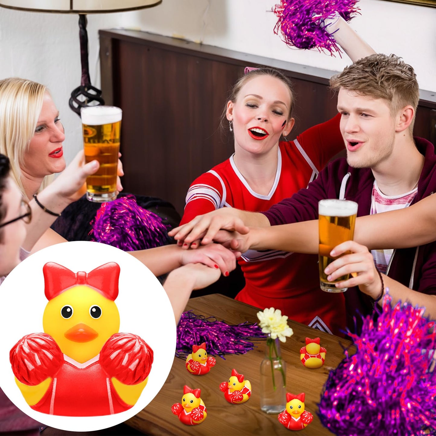 MiniInflat 24 Pcs Cheer Team Gifts – Rubber Ducks with Red Bows for Team Spirit