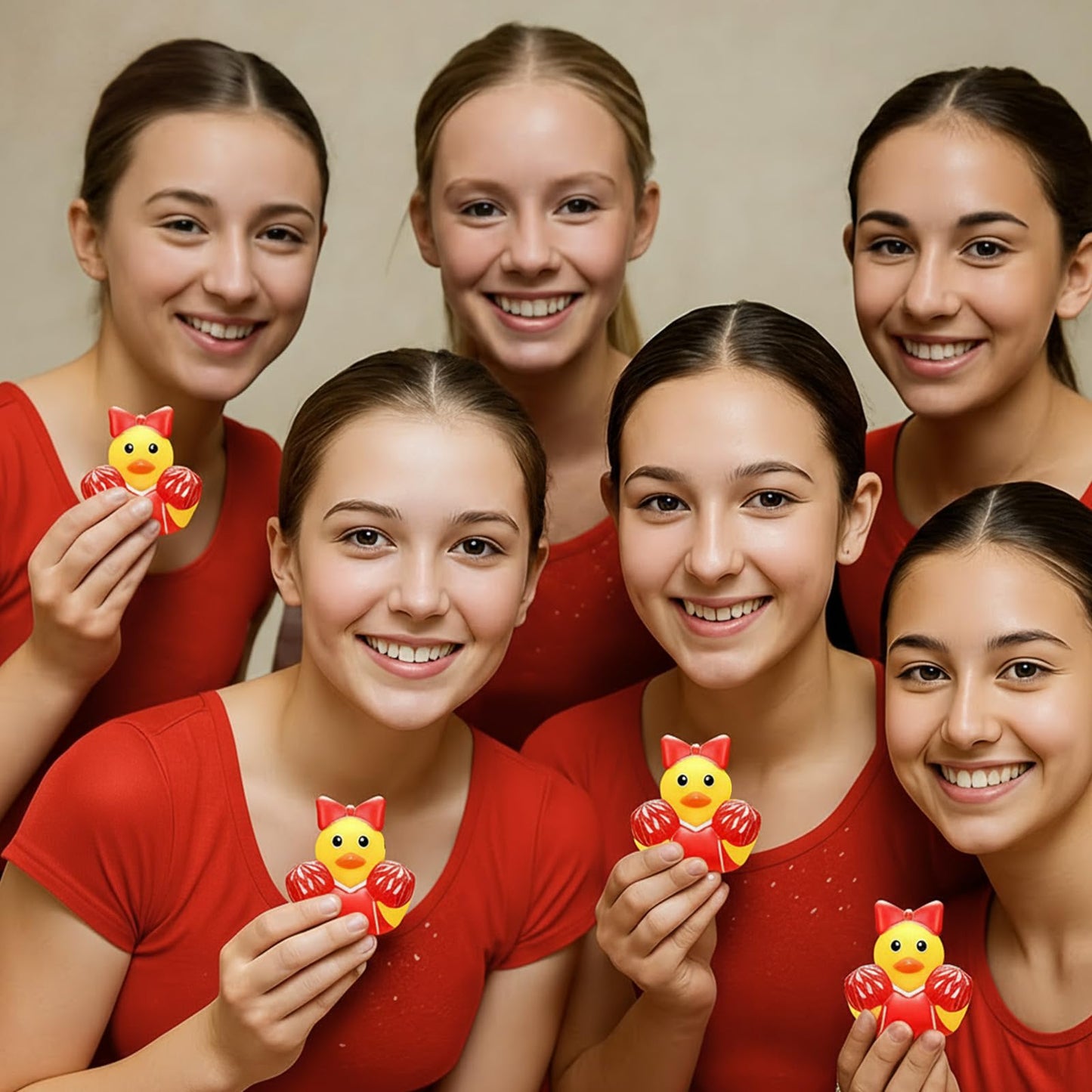 MiniInflat 24 Pcs Cheer Team Gifts – Rubber Ducks with Red Bows for Team Spirit