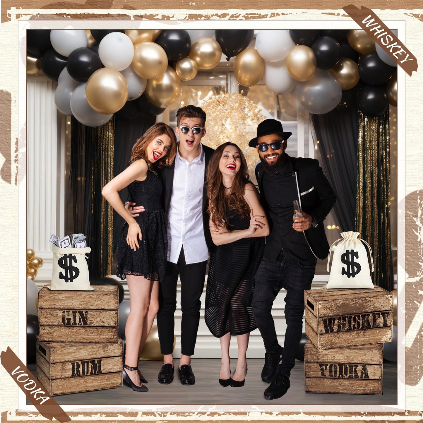 MiniInflat Money Bag Prop Set – 4 Wood Grain Boxes, 2 Inflatable Guns, 2 Canvas Money Bags for Speakeasy & Mafia Parties