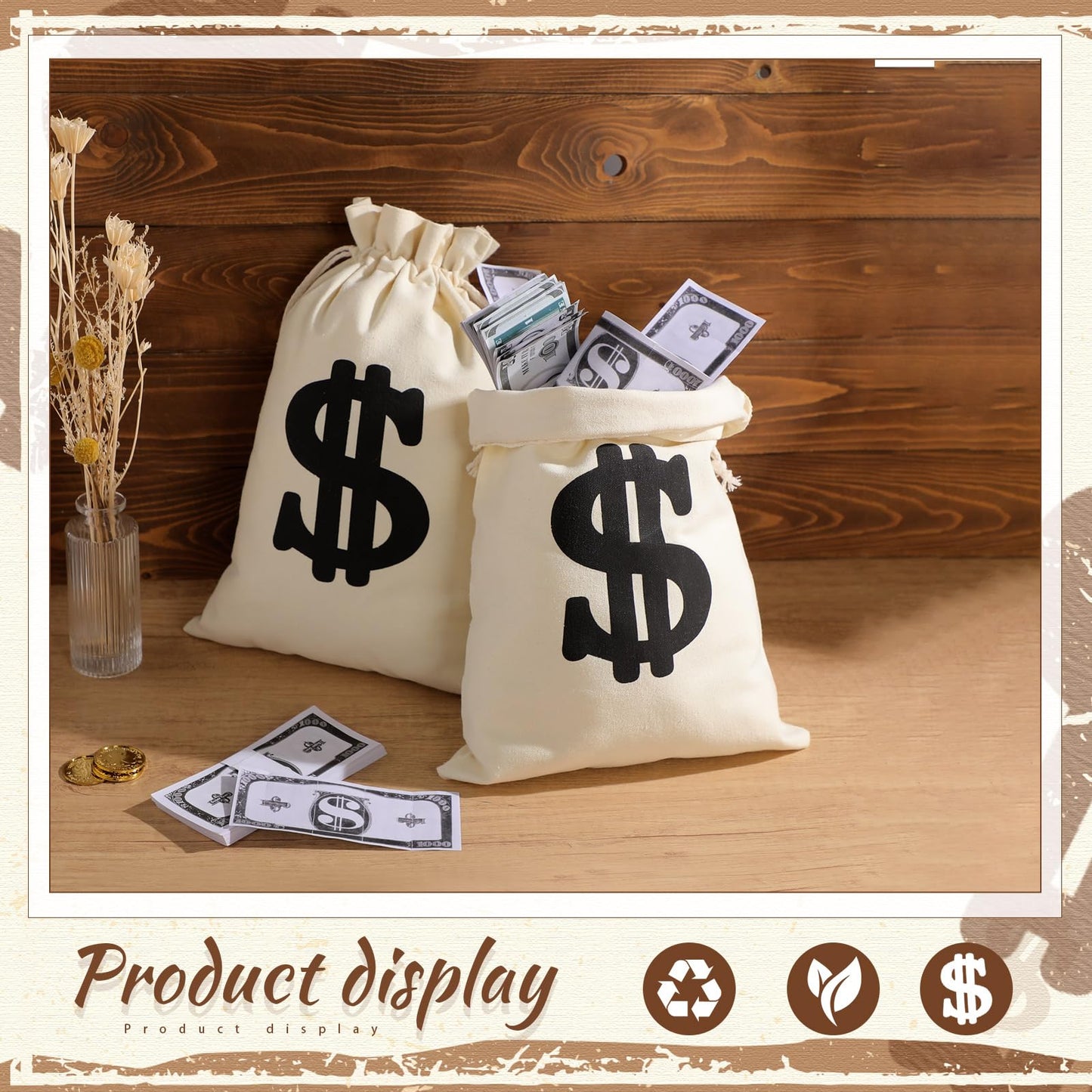 MiniInflat Money Bag Prop Set – 4 Wood Grain Boxes, 2 Inflatable Guns, 2 Canvas Money Bags for Speakeasy & Mafia Parties