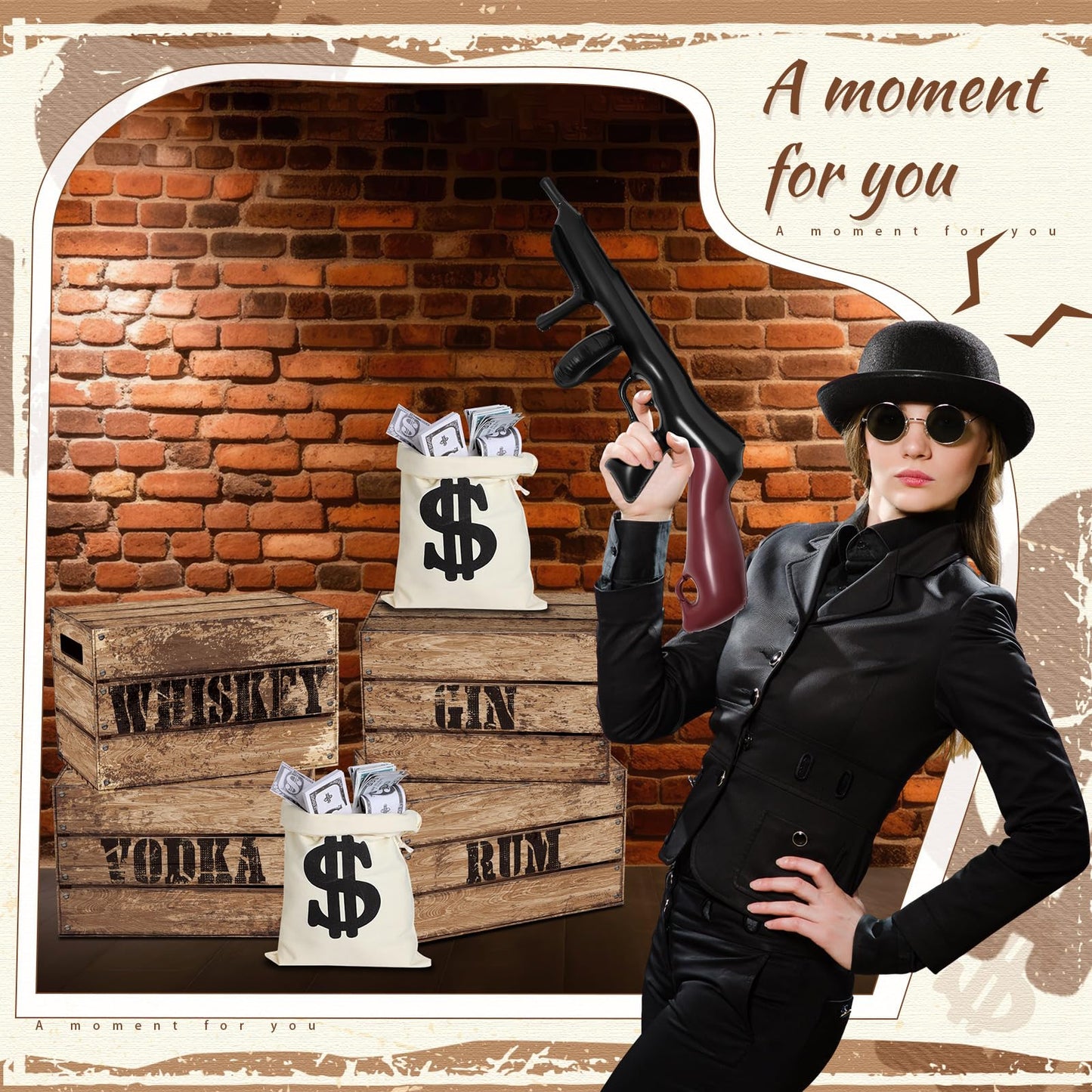 MiniInflat Money Bag Prop Set – 4 Wood Grain Boxes, 2 Inflatable Guns, 2 Canvas Money Bags for Speakeasy & Mafia Parties