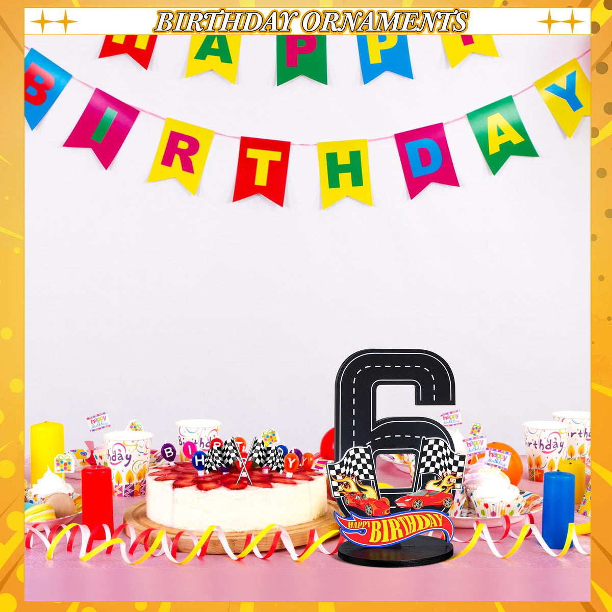 MiniInflat Race Car 6th Birthday Sign – Wooden Table Centerpiece & Photo Prop