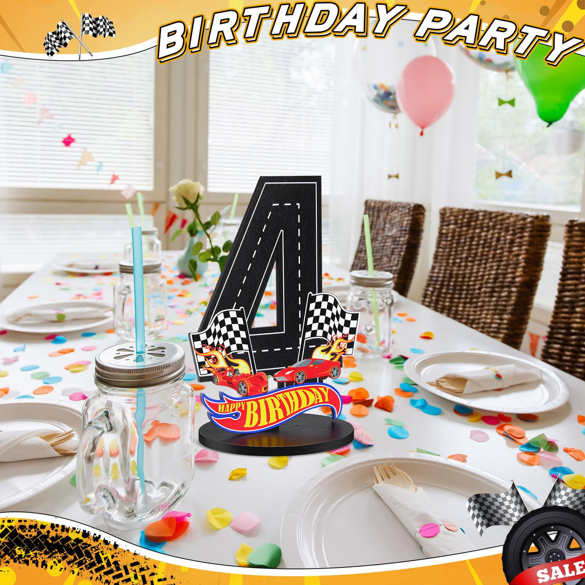 MiniInflat Race Car 4th Birthday Sign – Wooden Centerpiece for Boys' Party