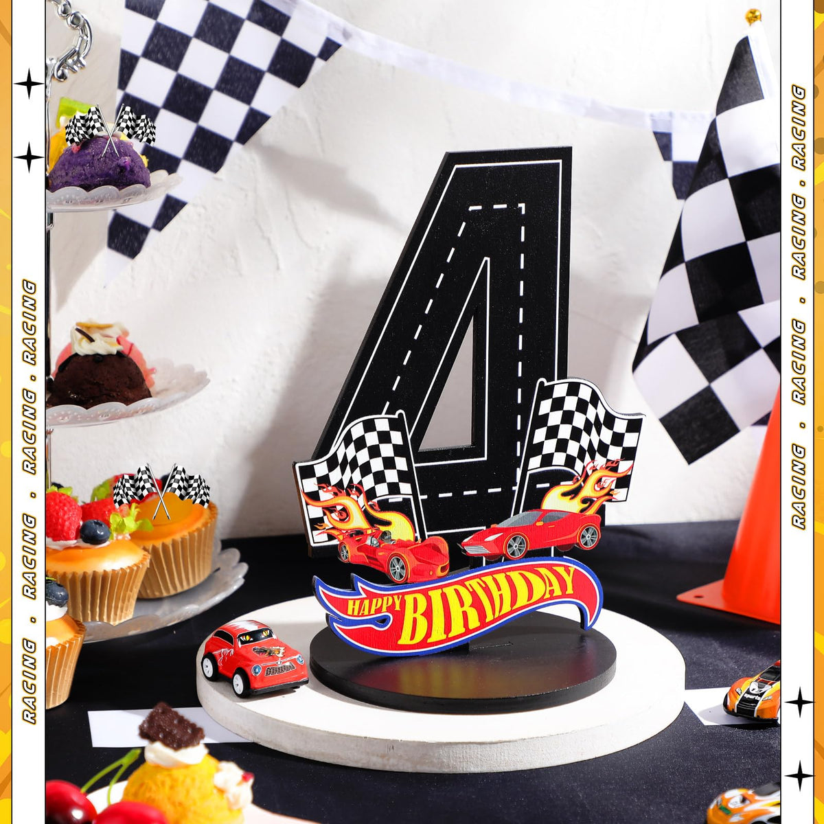 MiniInflat Race Car 4th Birthday Sign – Wooden Centerpiece for Boys' Party
