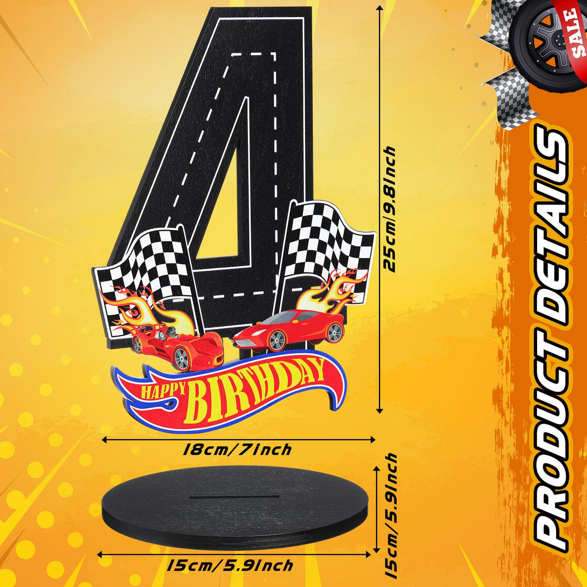 MiniInflat Race Car 4th Birthday Sign – Wooden Centerpiece for Boys' Party
