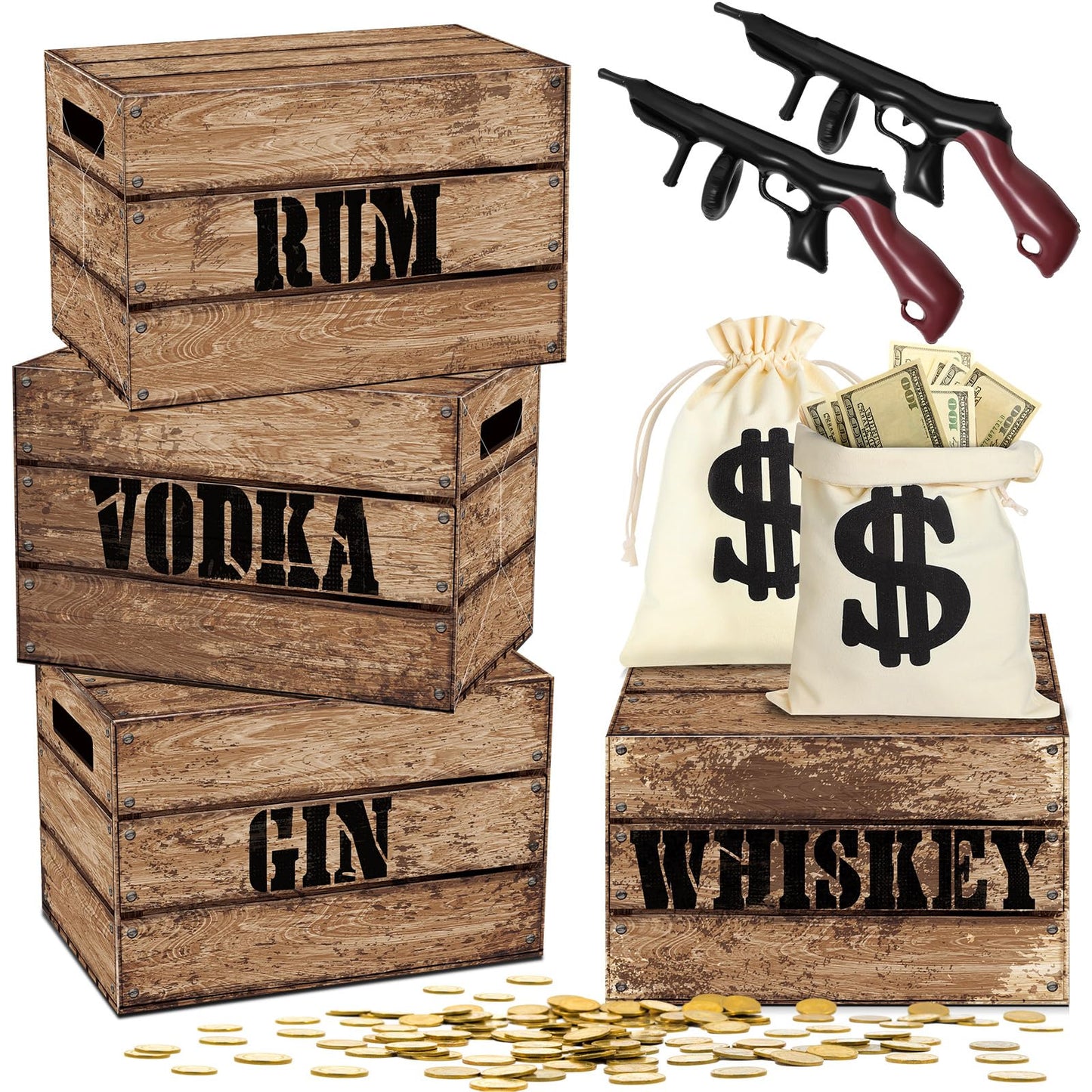 MiniInflat Money Bag Prop Set – 4 Wood Grain Boxes, 2 Inflatable Guns, 2 Canvas Money Bags for Speakeasy & Mafia Parties