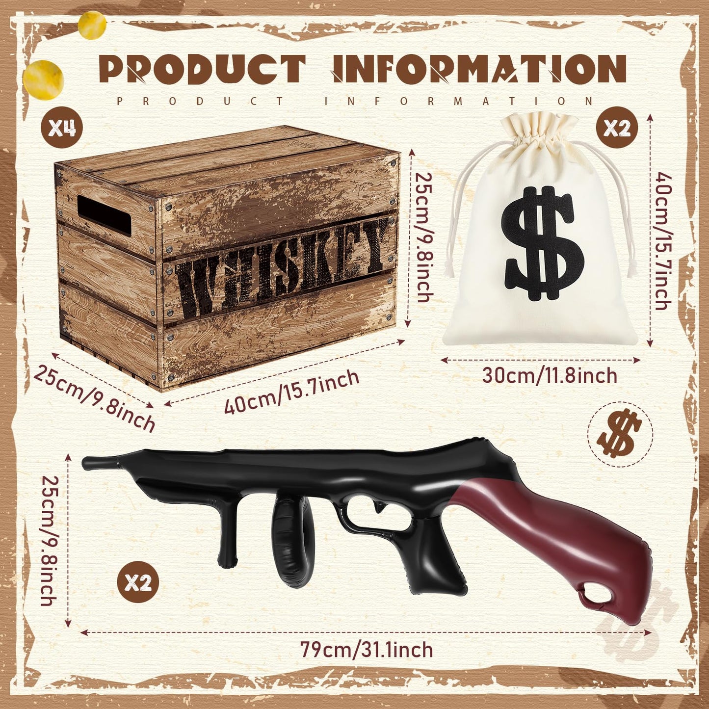 MiniInflat Money Bag Prop Set – 4 Wood Grain Boxes, 2 Inflatable Guns, 2 Canvas Money Bags for Speakeasy & Mafia Parties