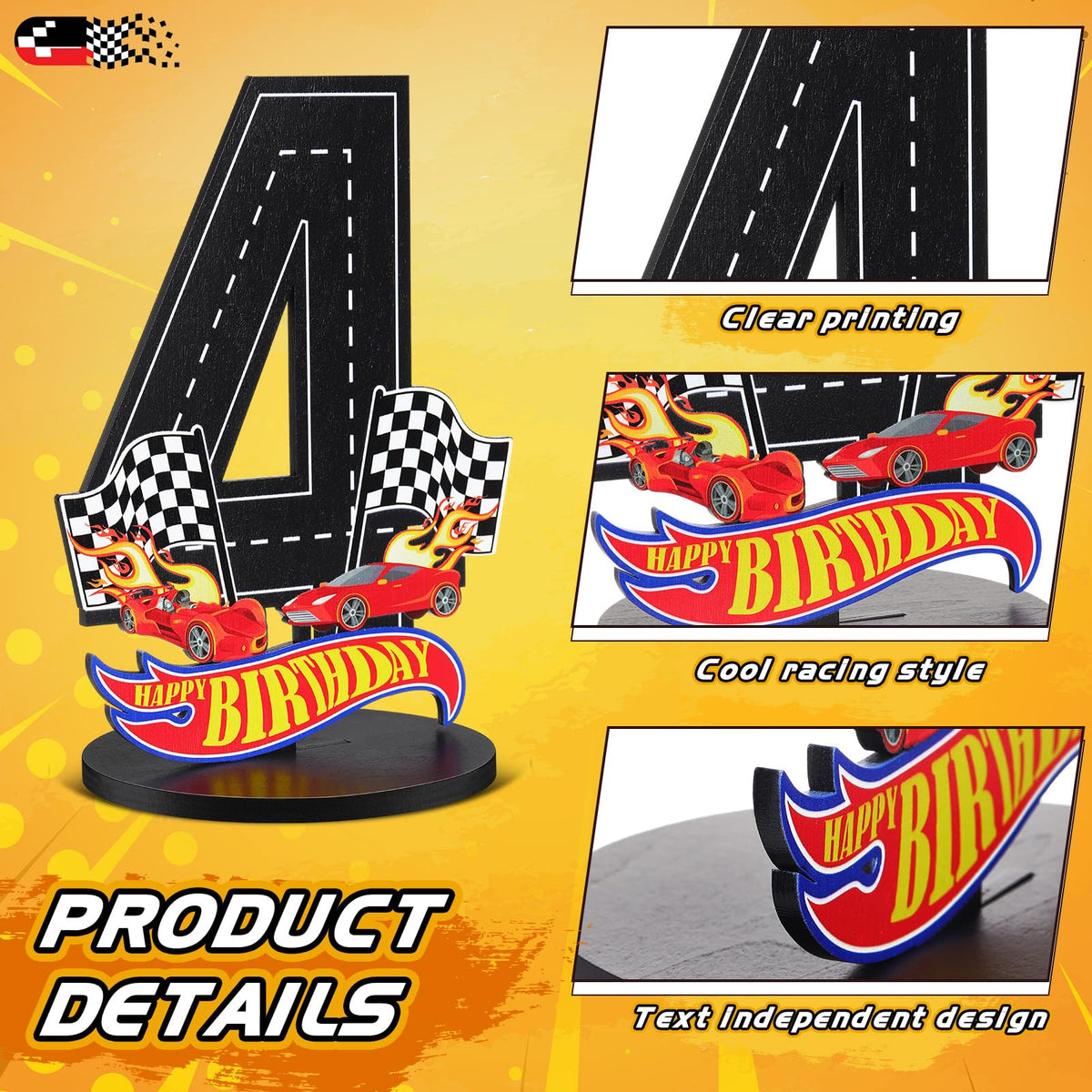 MiniInflat Race Car 4th Birthday Sign – Wooden Centerpiece for Boys' Party