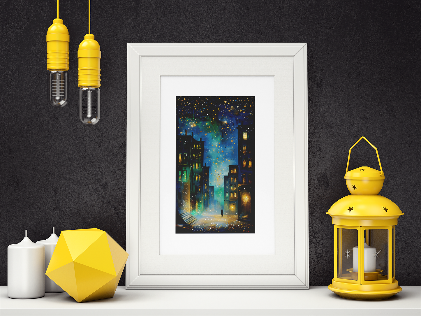Surreal Urban Night Scene Poster - Vibrant Reflection - Black Framed Art Ready to Hang