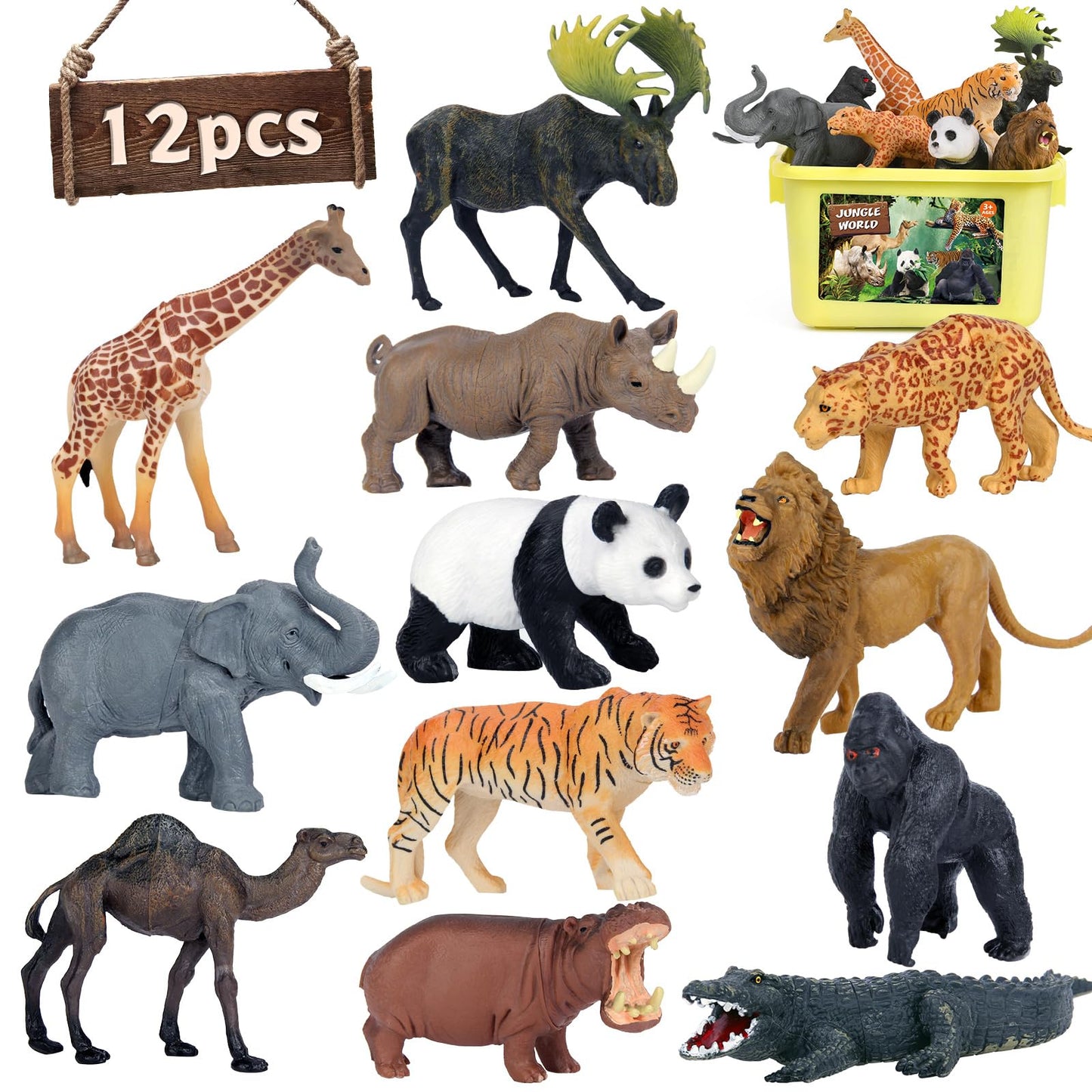 Mini Tudou Safari Animal Toys Figures – 12 Realistic Jumbo Jungle Animals Playset