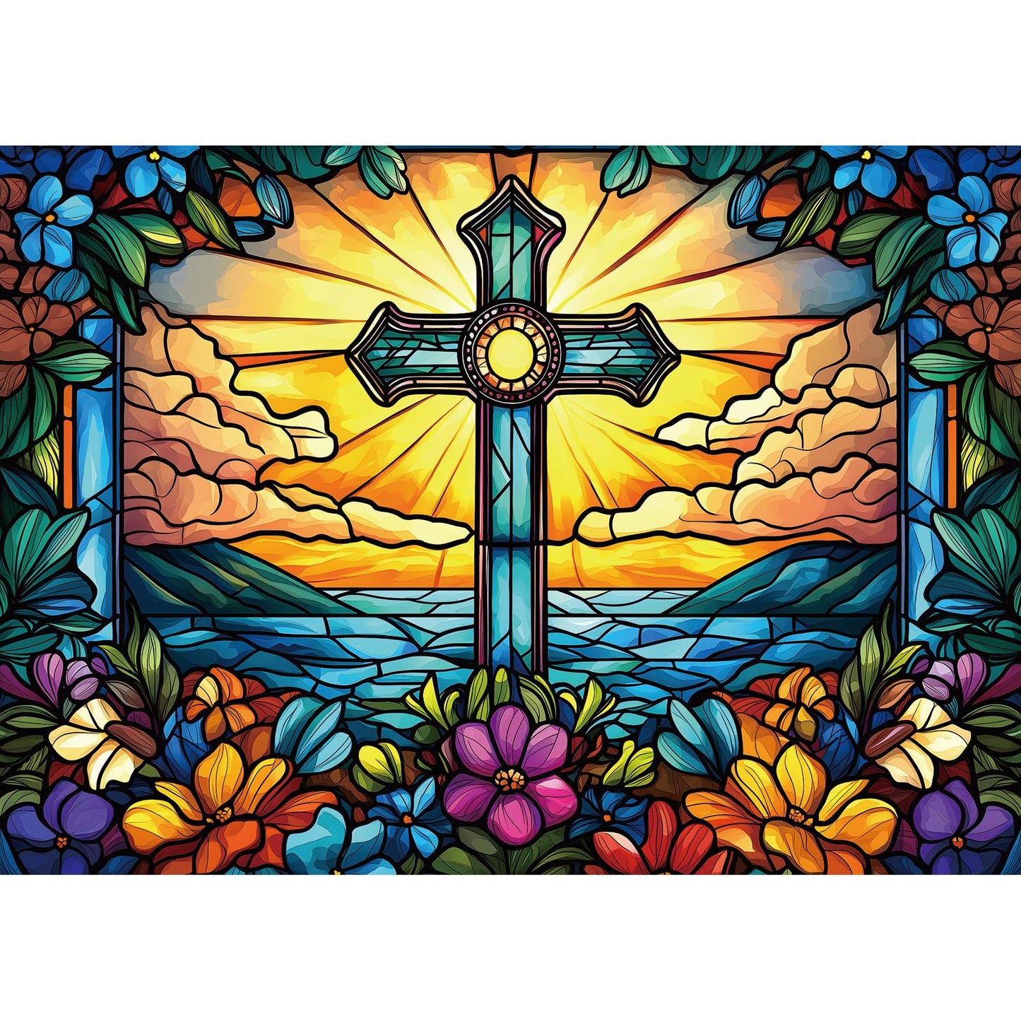 MINIWAN 1000-Piece Stained Glass Cross Jigsaw Puzzle for Adults | Challenging & Colorful Cross Flower Pattern