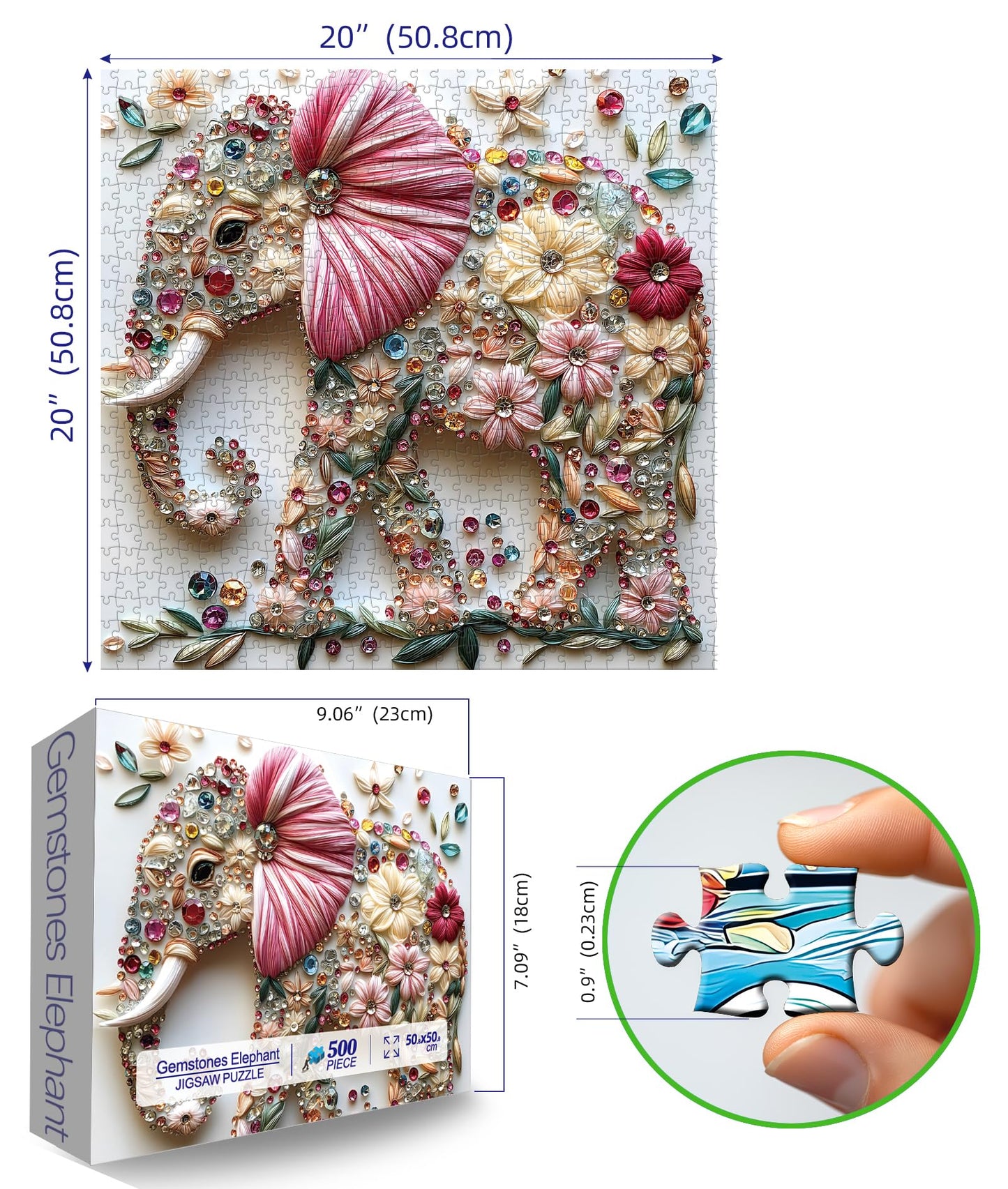 MINIWAN Elephant Jigsaw Puzzle for Adults – 500 Pieces, Colorful Crystal Flower Diamond Art, 20x20