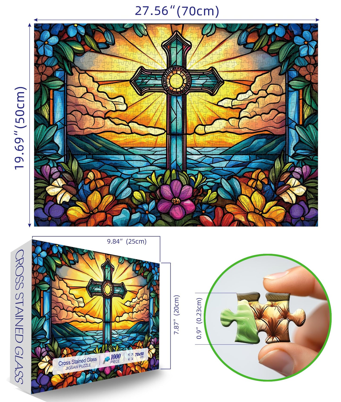 MINIWAN 1000-Piece Stained Glass Cross Jigsaw Puzzle for Adults | Challenging & Colorful Cross Flower Pattern