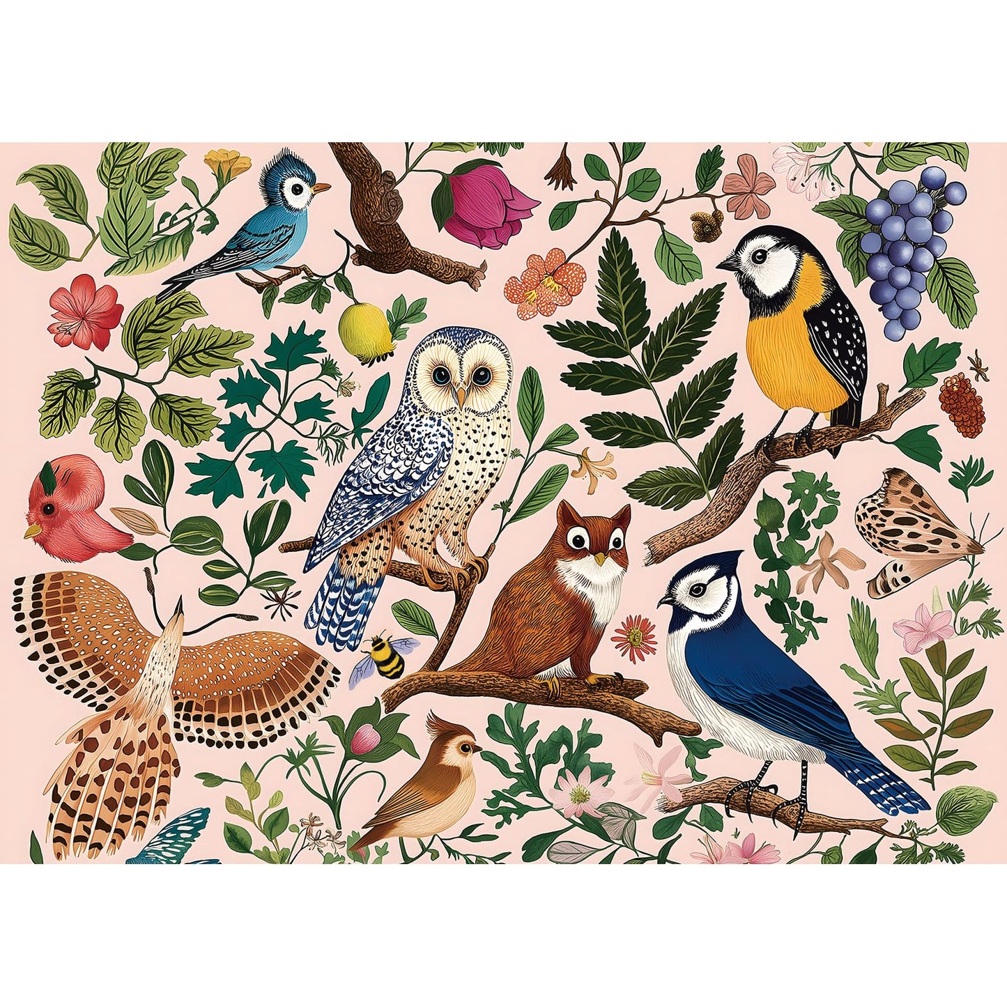 MINIWAN Forest Birds 500-Piece Puzzle – Owl & Floral Jigsaw for Adults