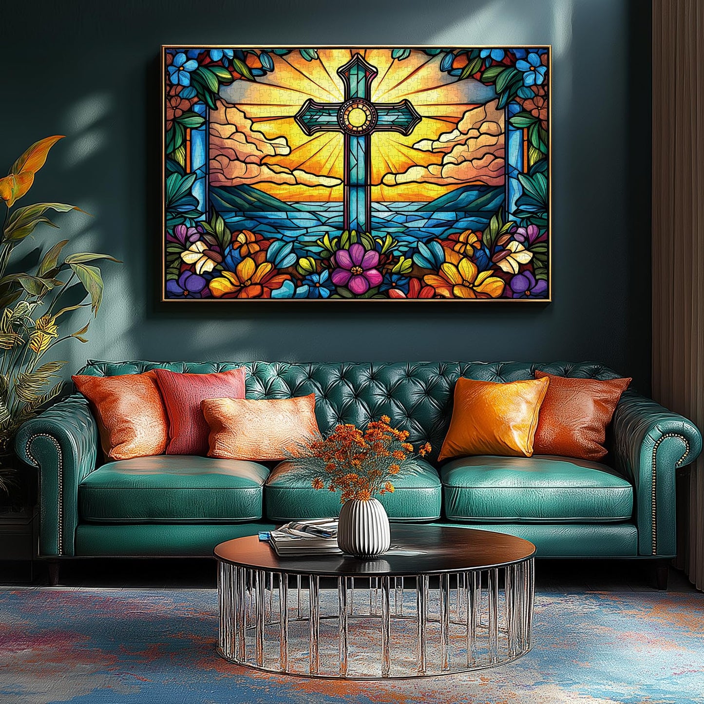 MINIWAN 1000-Piece Stained Glass Cross Jigsaw Puzzle for Adults | Challenging & Colorful Cross Flower Pattern