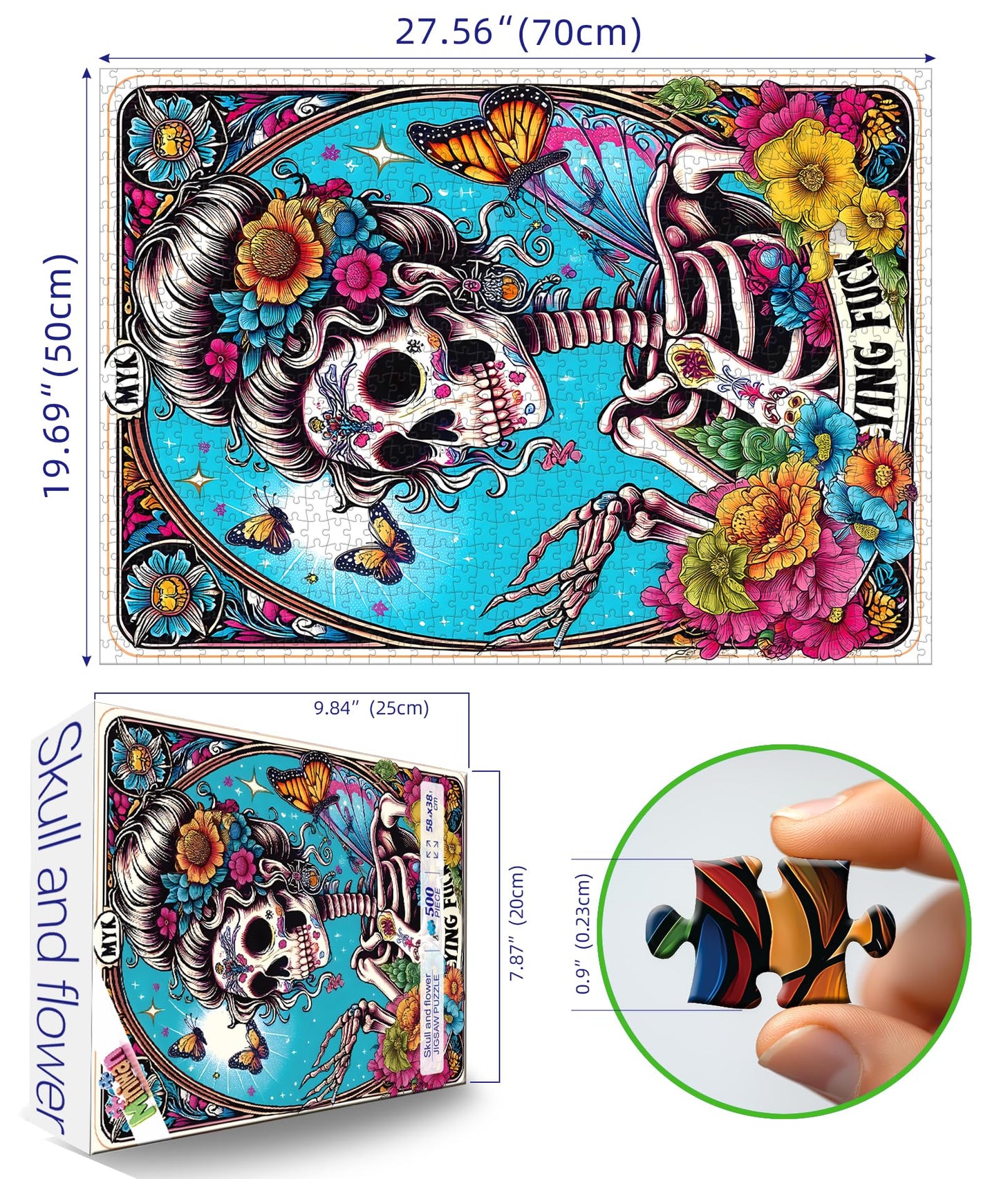 MINIWAN Halloween Sugar Skull 500-Piece Puzzle – Day of the Dead Floral Skull Art