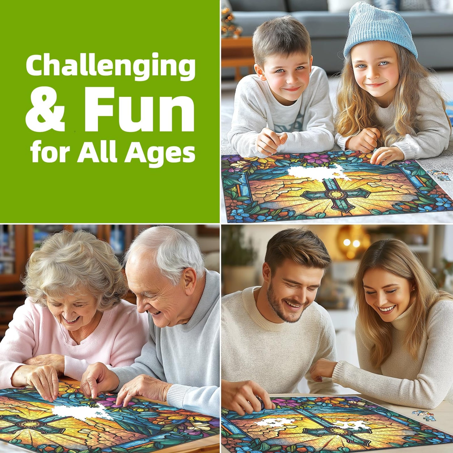 MINIWAN 1000-Piece Stained Glass Cross Jigsaw Puzzle for Adults | Challenging & Colorful Cross Flower Pattern