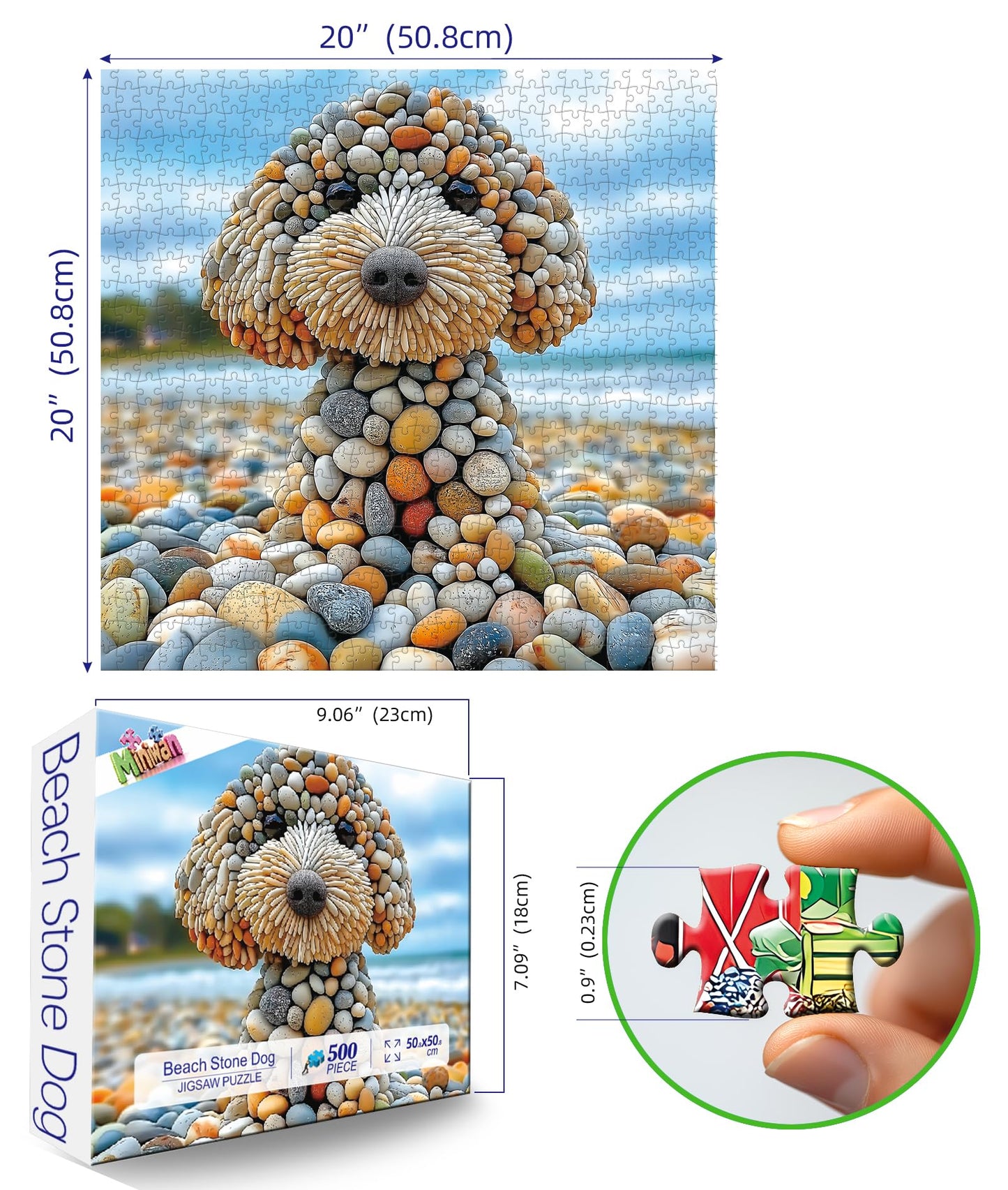 MINIWAN 500-Piece Beach Stone Dog Puzzle – Poster Included, Dust-Free Pieces, 23x15