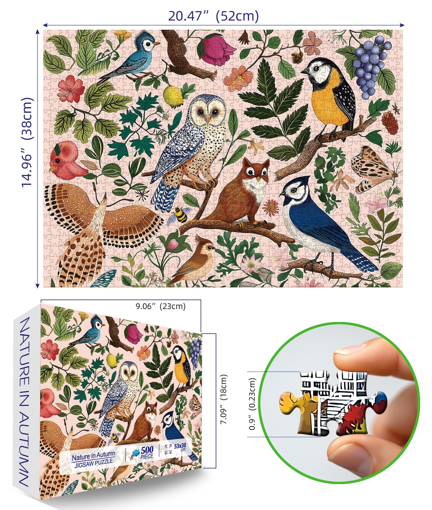 MINIWAN Forest Birds 500-Piece Puzzle – Owl & Floral Jigsaw for Adults