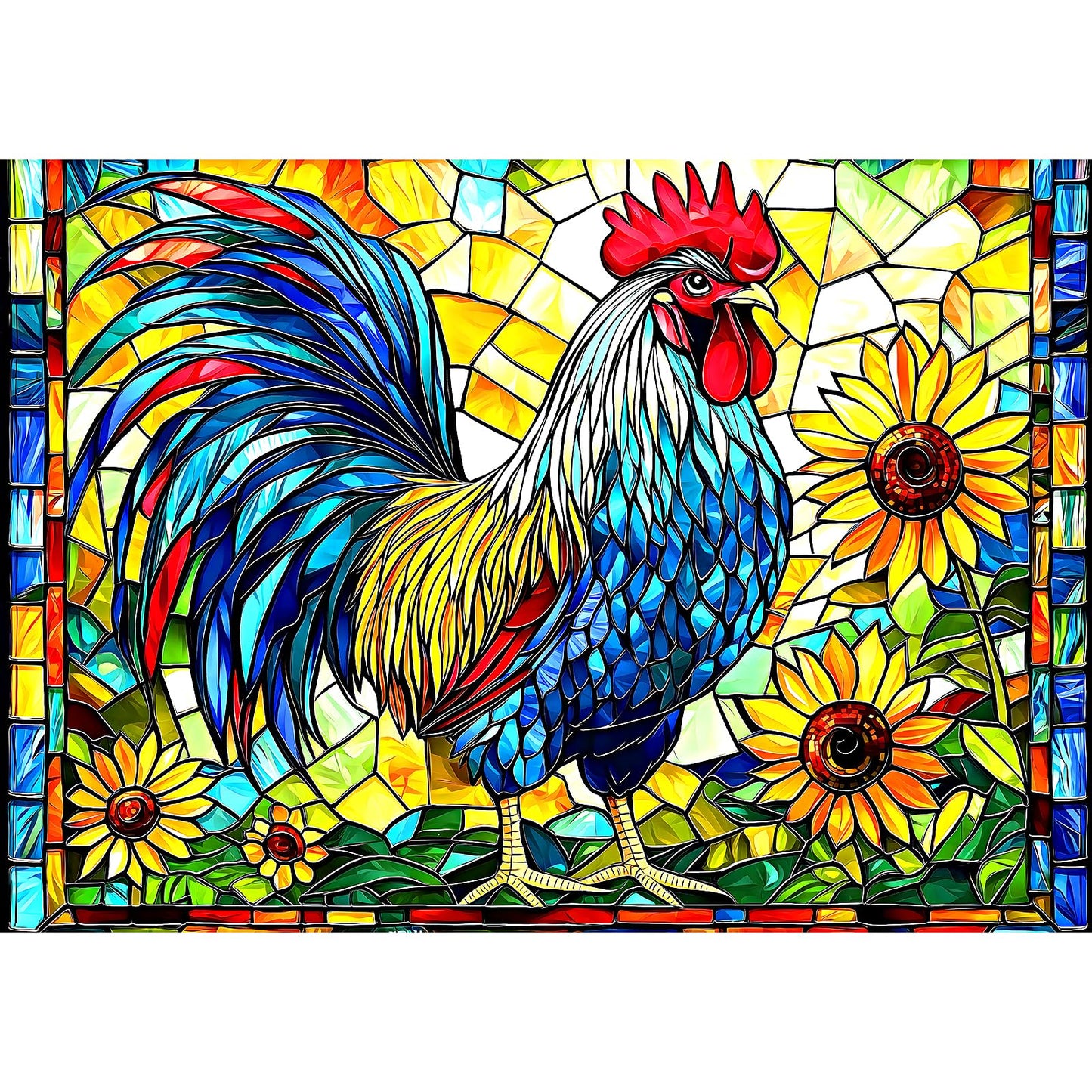 MINIWAN Stained Glass Rooster Puzzle 1000 Pieces — Colorful Mosaic Jigsaw with Letters on Back