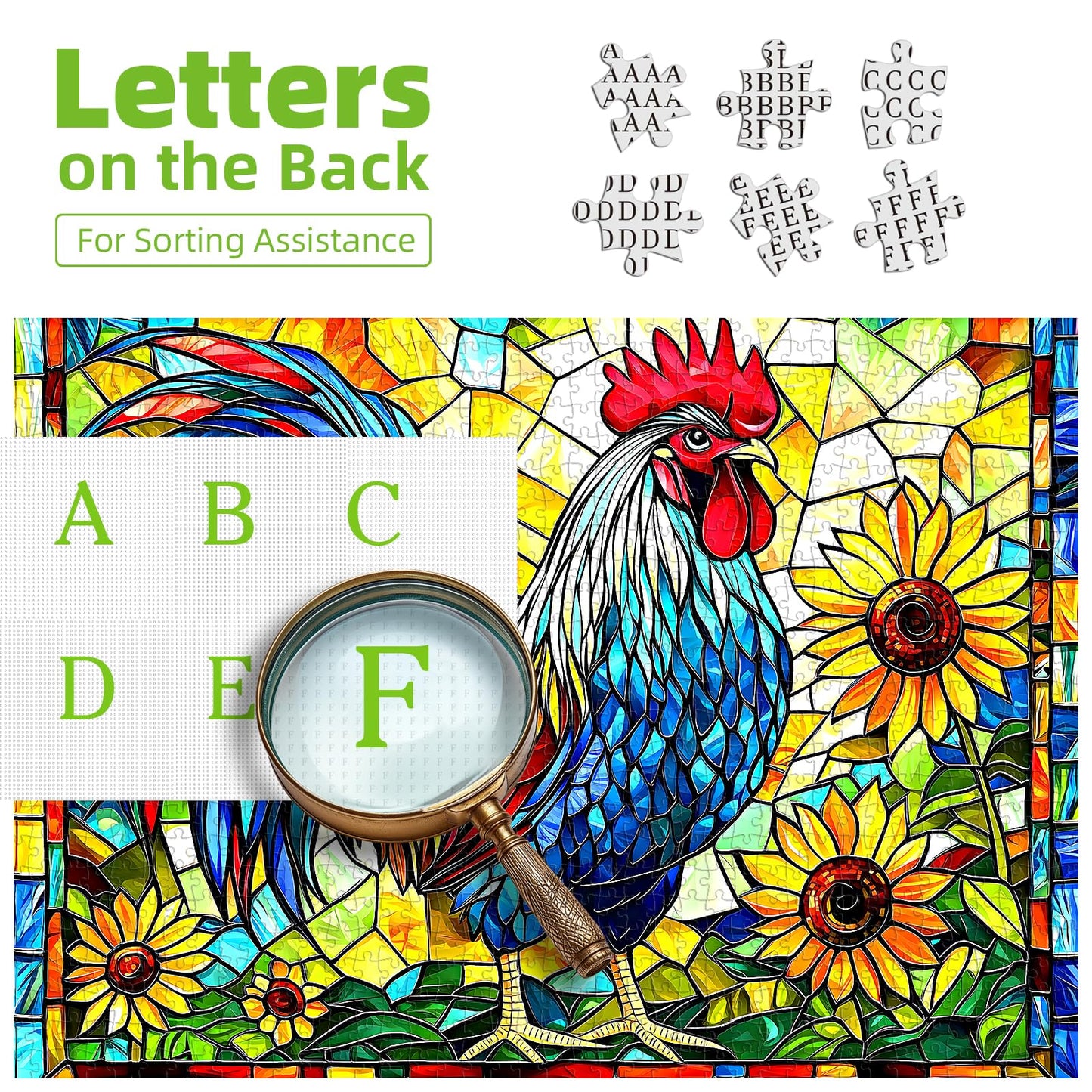 MINIWAN Stained Glass Rooster Puzzle 1000 Pieces — Colorful Mosaic Jigsaw with Letters on Back