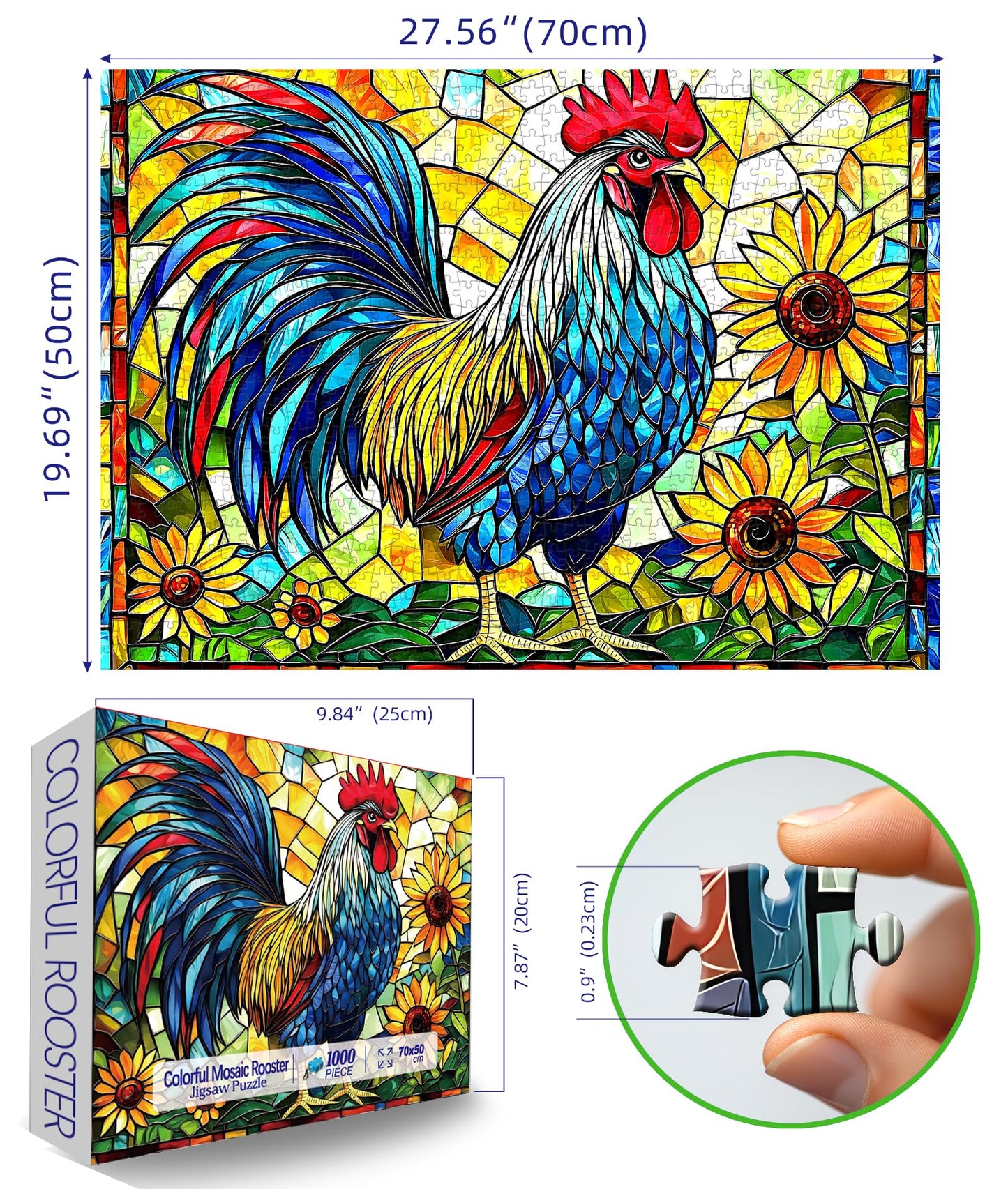 MINIWAN Stained Glass Rooster Puzzle 1000 Pieces — Colorful Mosaic Jigsaw with Letters on Back