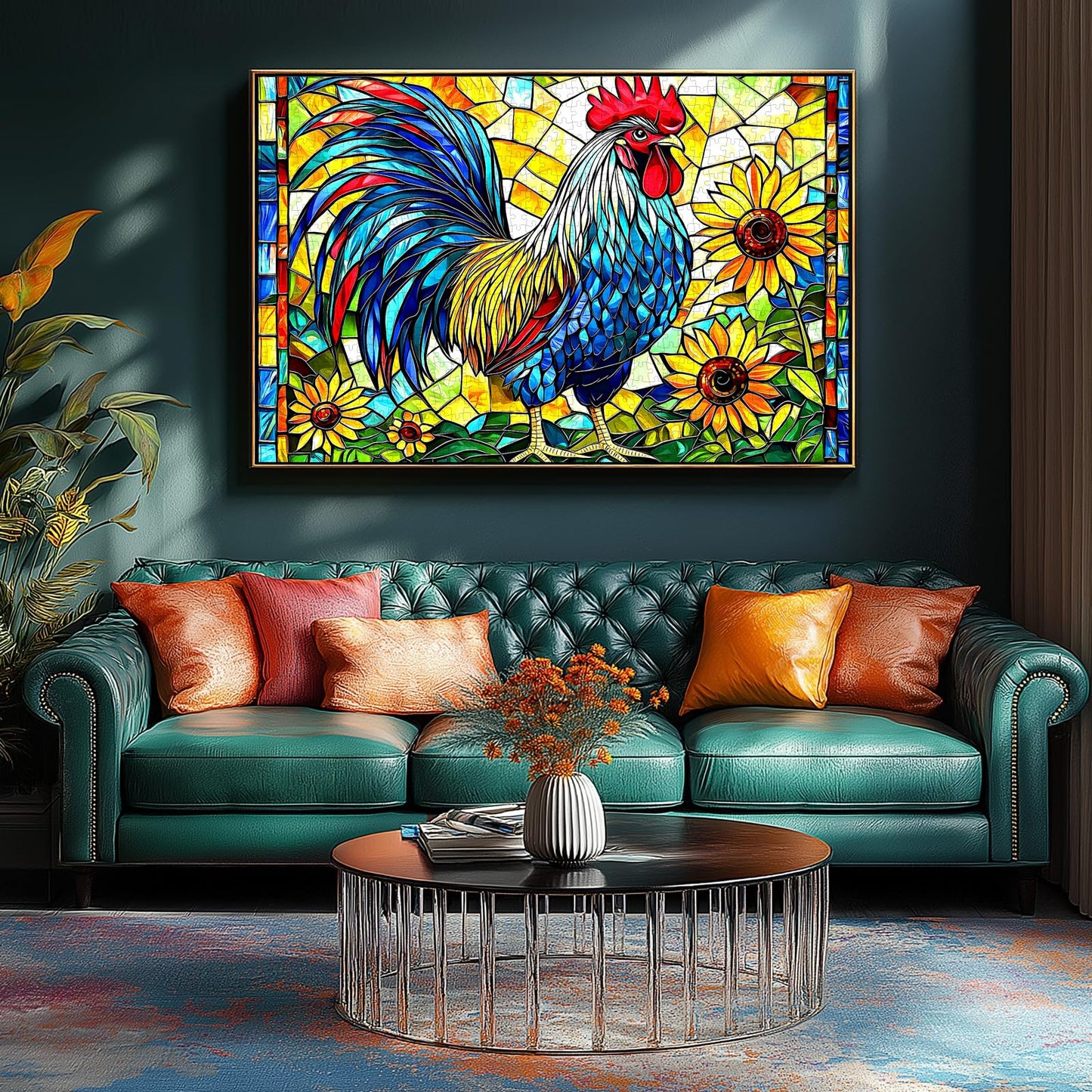 MINIWAN Stained Glass Rooster Puzzle 1000 Pieces — Colorful Mosaic Jigsaw with Letters on Back