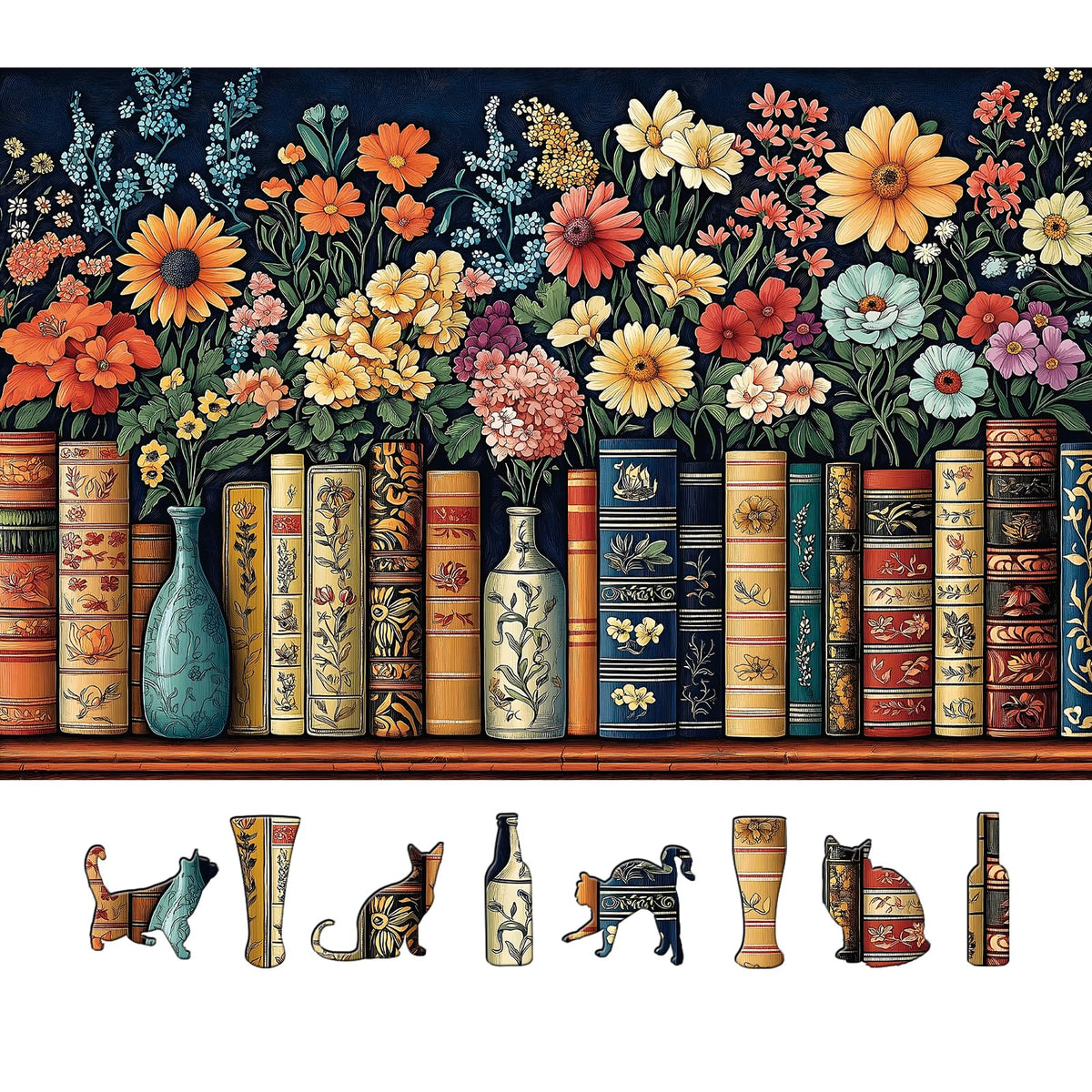 MINIWAN Vintage Books & Flowers 500-Piece Puzzle – Floral Library Scene