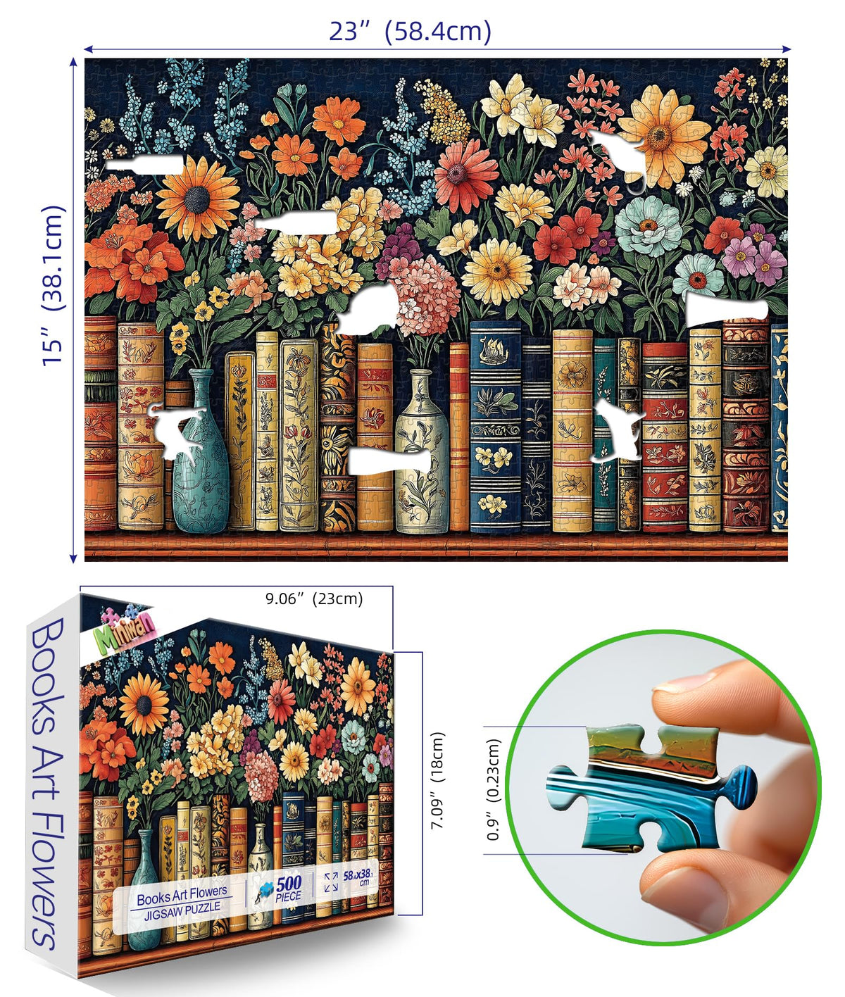 MINIWAN Vintage Books & Flowers 500-Piece Puzzle – Floral Library Scene