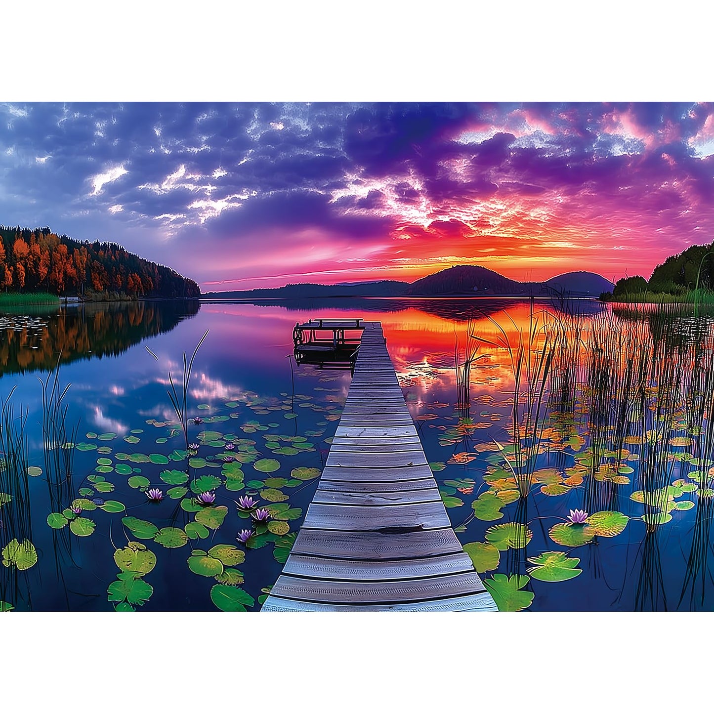 MINIWAN Sunset Lake Dock 1000-Piece Puzzle for Adults – Scenic Wooden Bridge Landscape (27x20 inches)