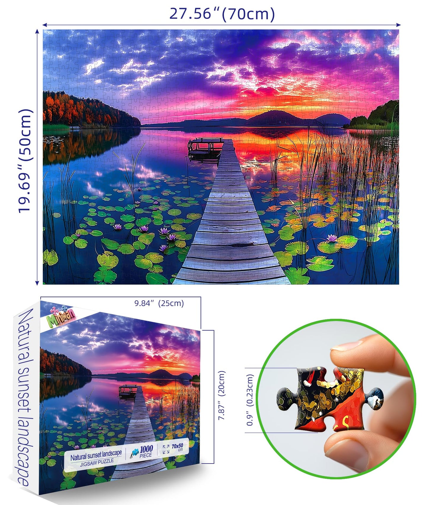 MINIWAN Sunset Lake Dock 1000-Piece Puzzle for Adults – Scenic Wooden Bridge Landscape (27x20 inches)