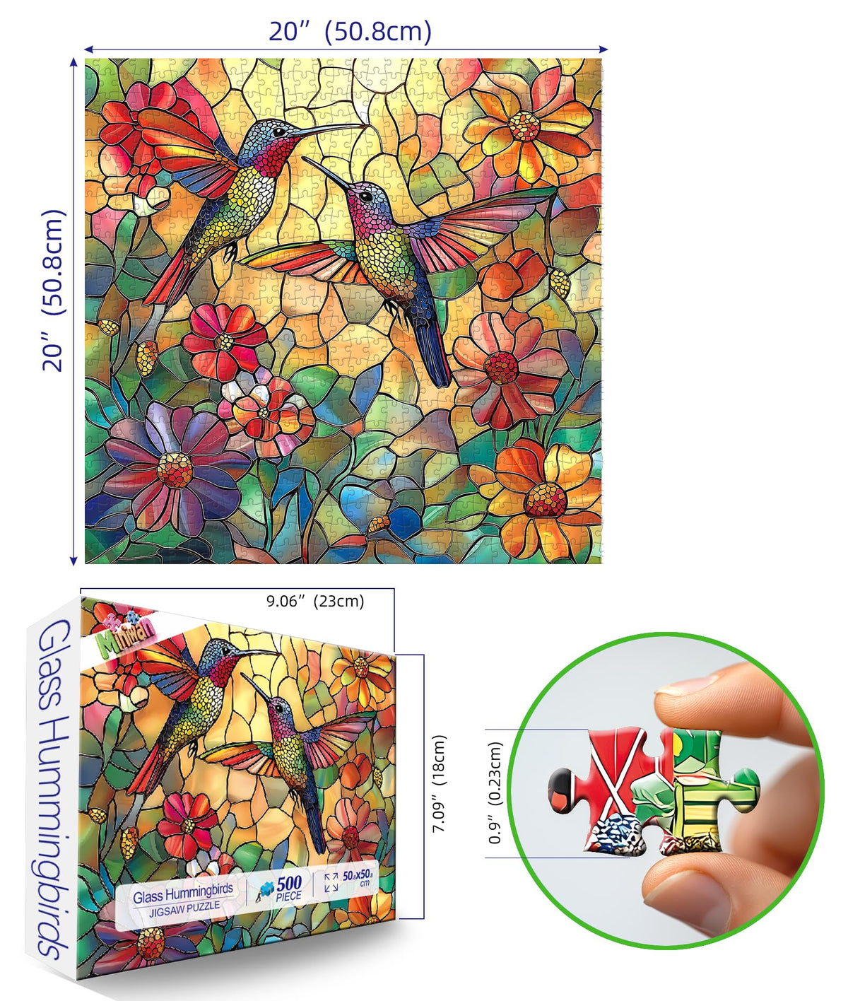 MINIWAN Hummingbird Flower 500-Piece Puzzle – Stained Glass Jigsaw for Adults (20x20 in)