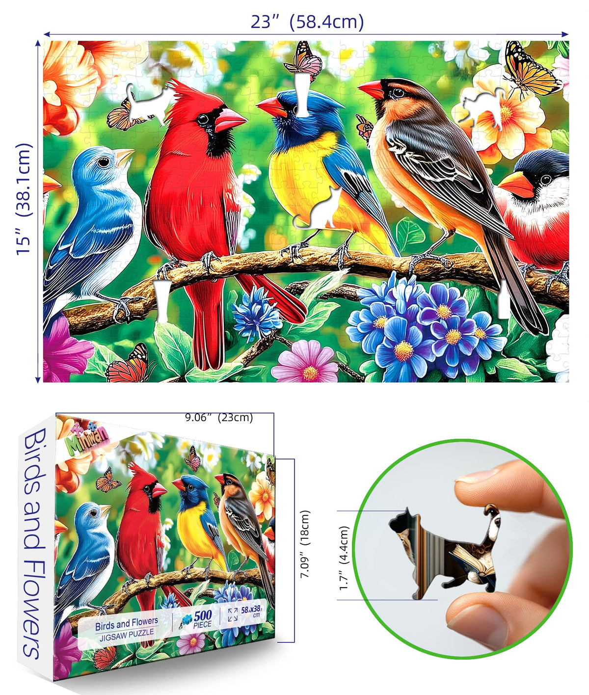 MINIWAN 500 Piece Bird Jigsaw Puzzle – Vibrant Cardinal & Blue Bird with Flowers