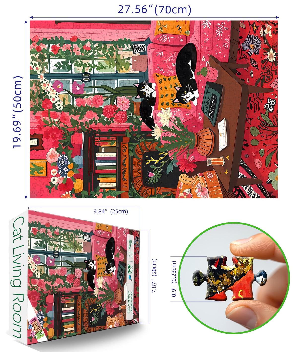 MINIWAN Spring Cozy Room Cat 1000-Piece Puzzle for Adults – HD Print, Poster Included, Dust-Free 27.5x19.7 in