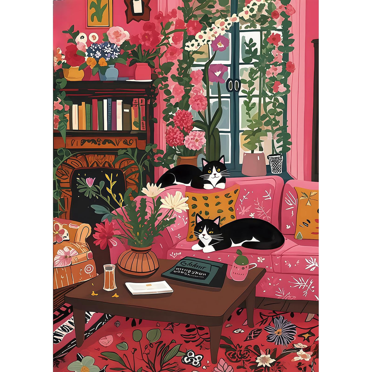 MINIWAN Spring Cozy Room Cat 1000-Piece Puzzle for Adults – HD Print, Poster Included, Dust-Free 27.5x19.7 in