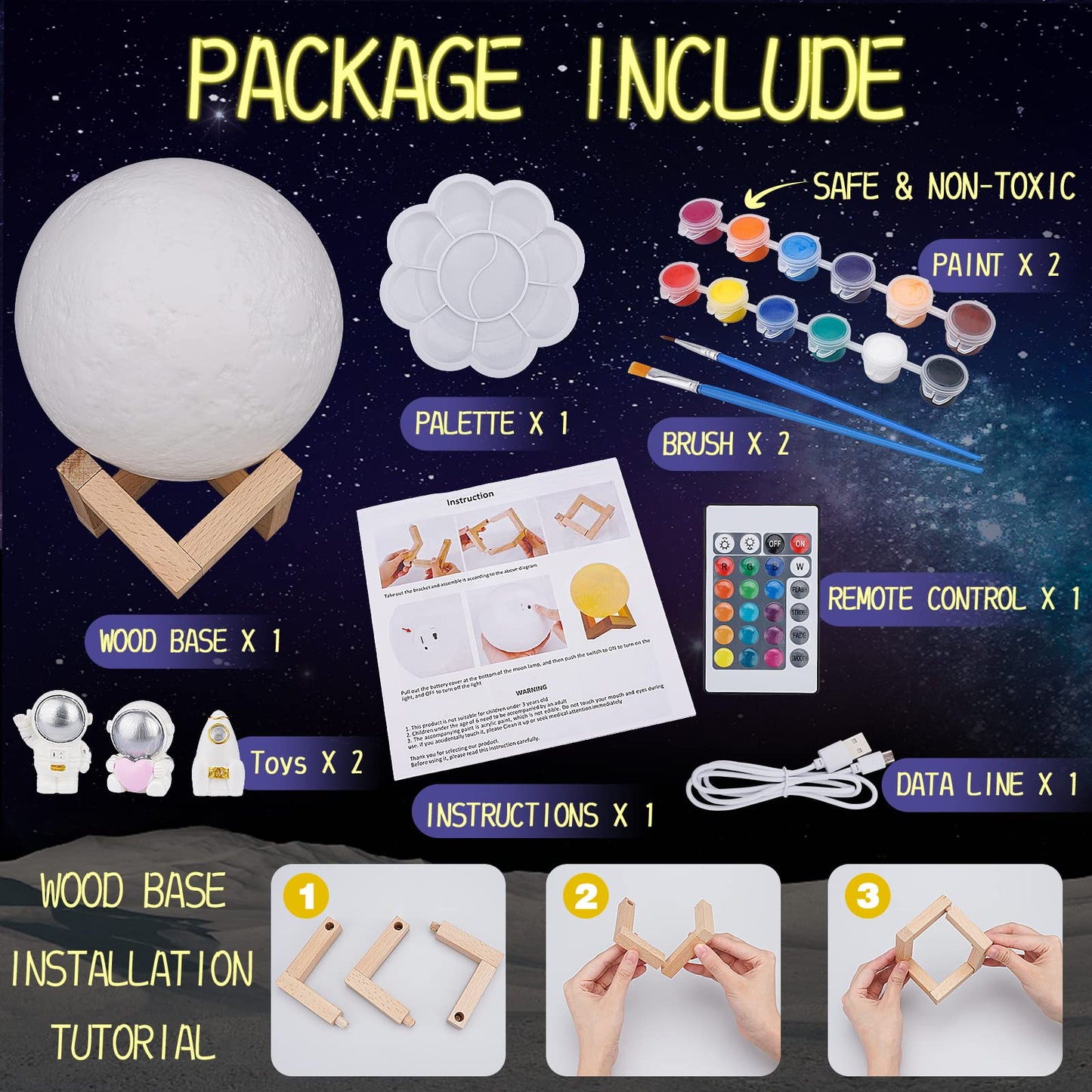 Minleway 7.1-Inch 16-Color Rechargeable Moon Lamp DIY Kit | Kids Craft Gift