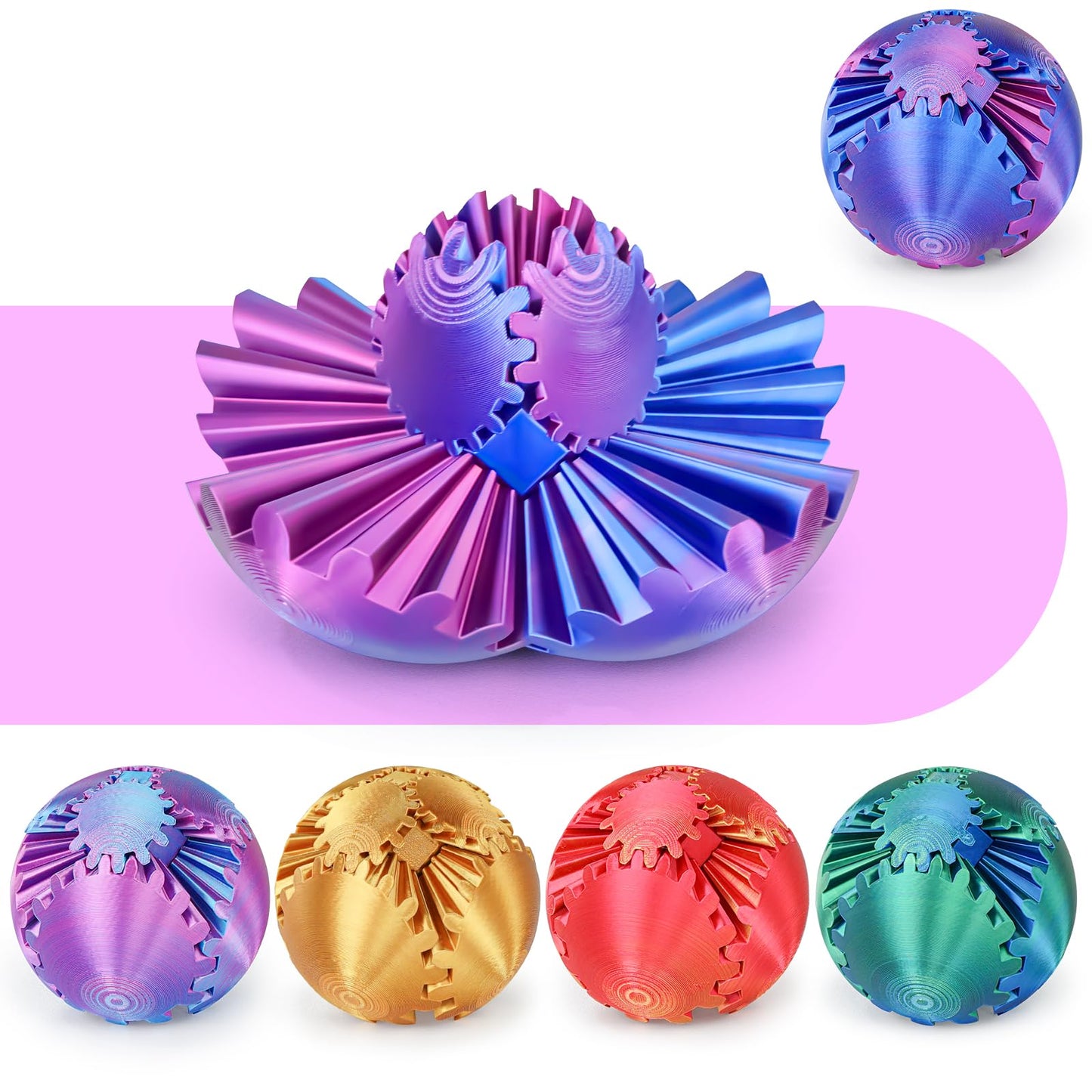 Minleway Gear Ball 3D Printed Cube Fidget Toy – Stress Relief Desk Toy, Purple/Blue 2.3 inch