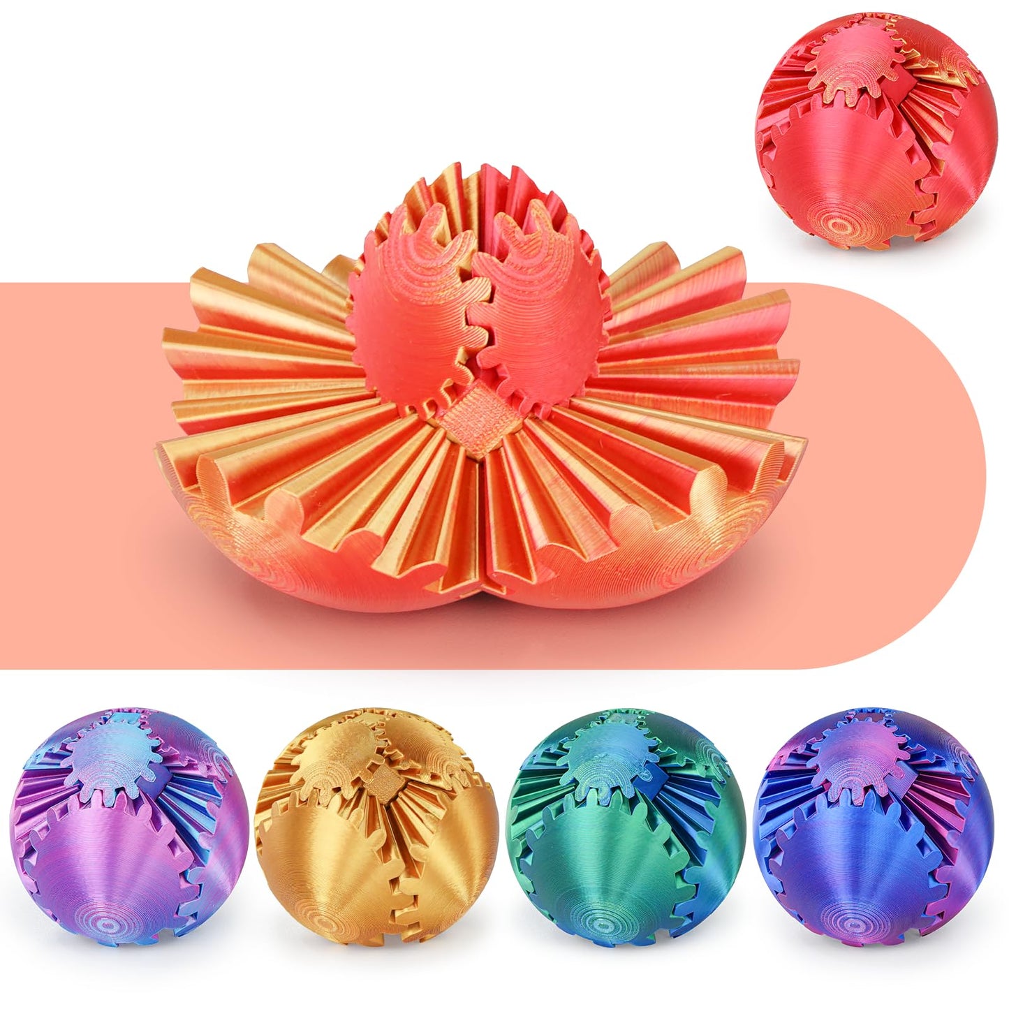 Minleway Gear Ball 3D Printed Cube Fidget Toy – Stress Relief & Sensory Desk Toy (Golden Red, 2.3 Inch)