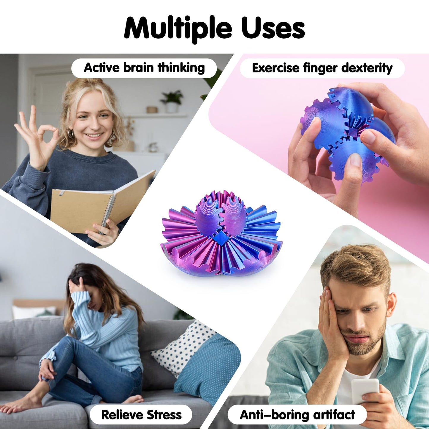 Minleway 4Pcs Gear Ball 3D Printed Cube Fidget Toys – Stress Relief & Sensory Desk Toys (Multicolor Set)