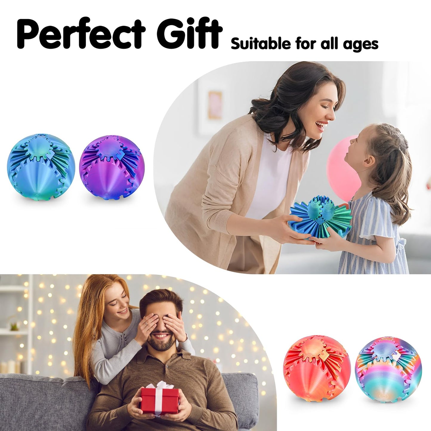Minleway 4Pcs Gear Ball 3D Printed Cube Fidget Toys – Stress Relief & Sensory Desk Toys (Multicolor Set)