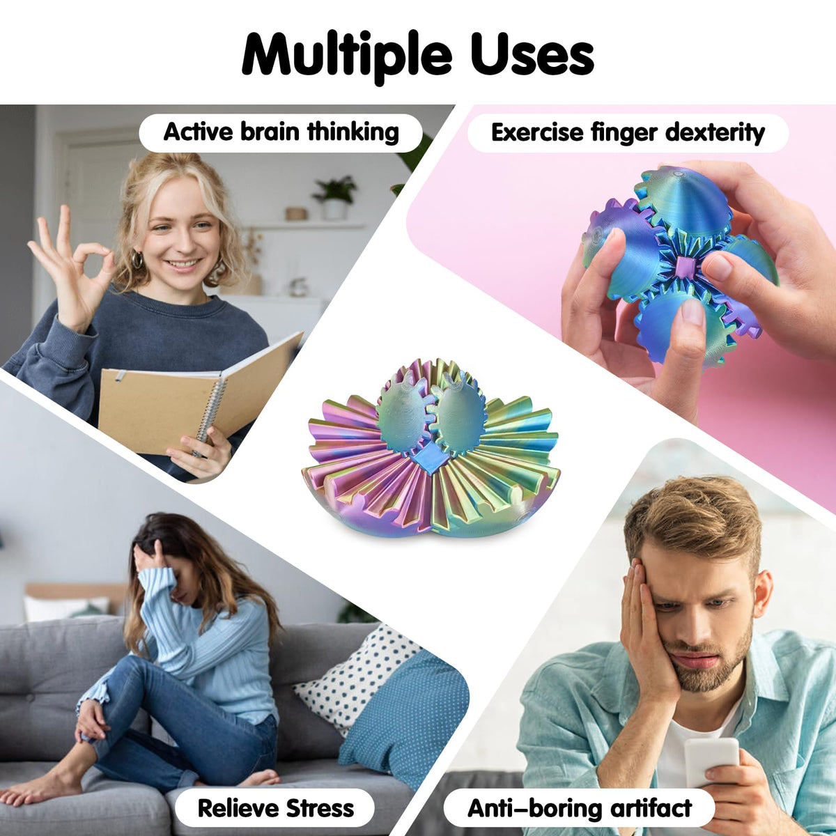 Minleway Gear Sphere 3D Printed Gear Ball – Fidget Toy for Stress Relief (Blue/Green/Purple, 2.3 Inch)