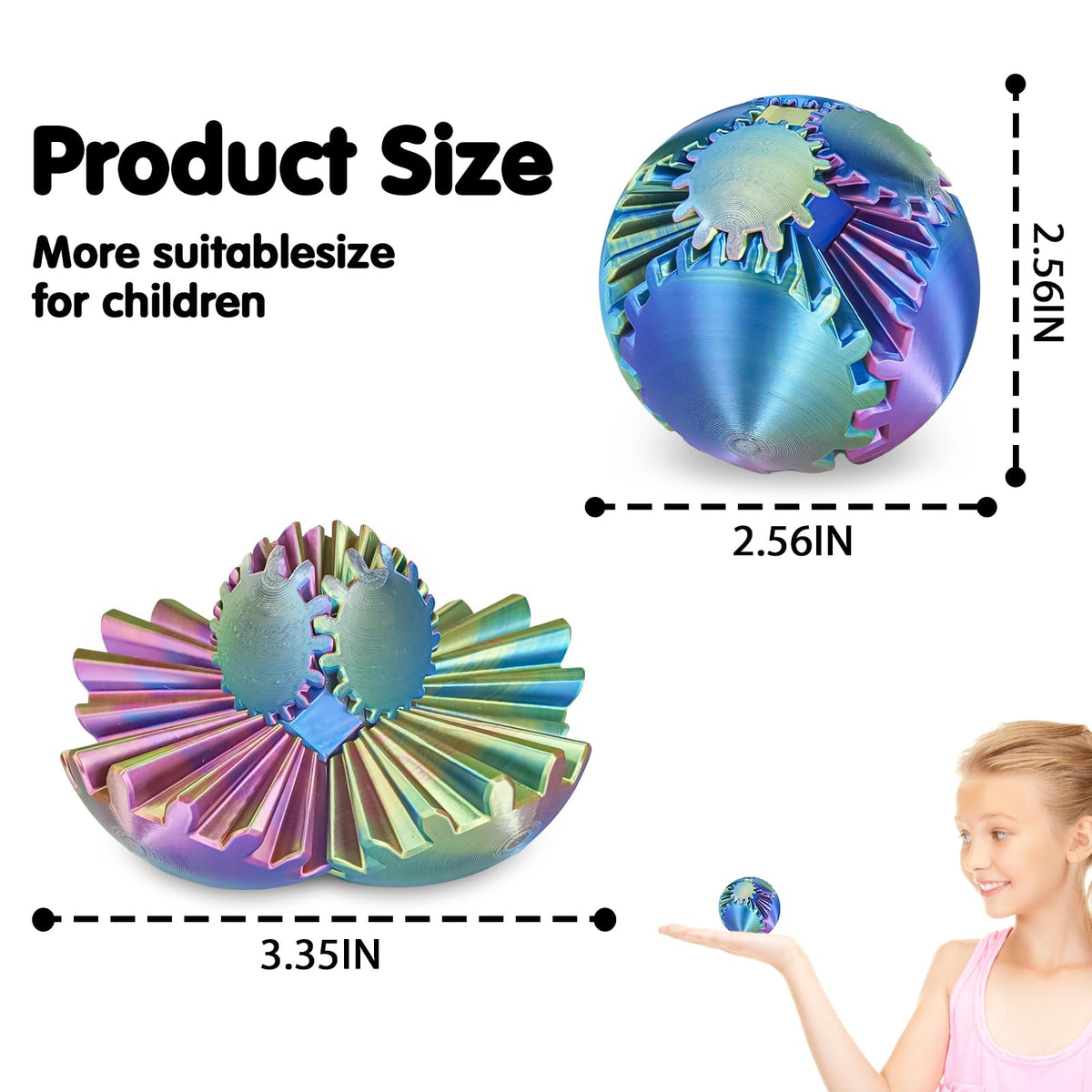Minleway Gear Sphere 3D Printed Gear Ball – Fidget Toy for Stress Relief (Blue/Green/Purple, 2.3 Inch)