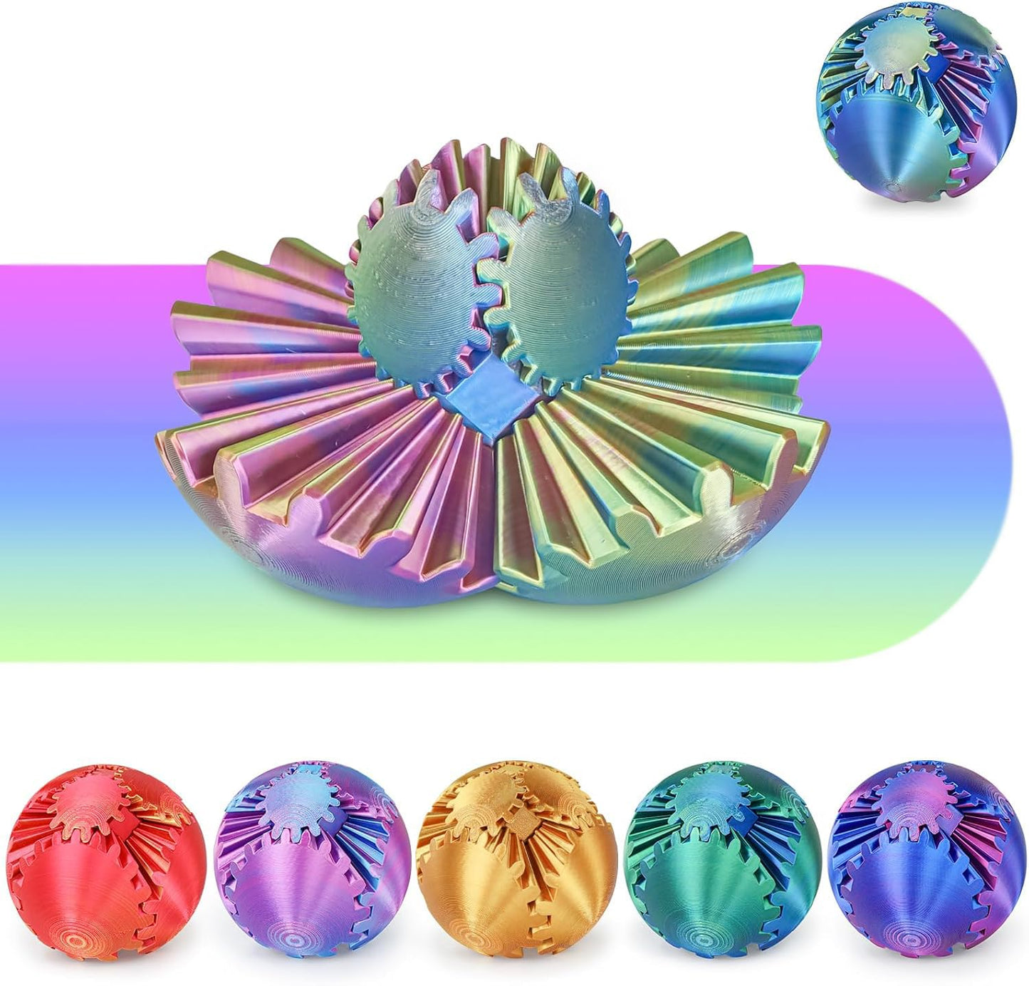 Minleway Gear Sphere 3D Printed Gear Ball – Fidget Toy for Stress Relief (Blue/Green/Purple, 2.3 Inch)